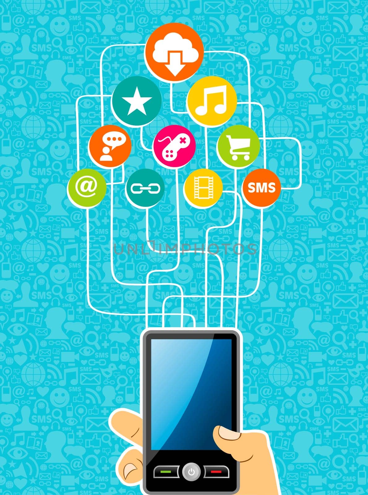 Cloud computing network diagram with smart phone in hand. Vector illustration layered for easy manipulation and custom coloring.