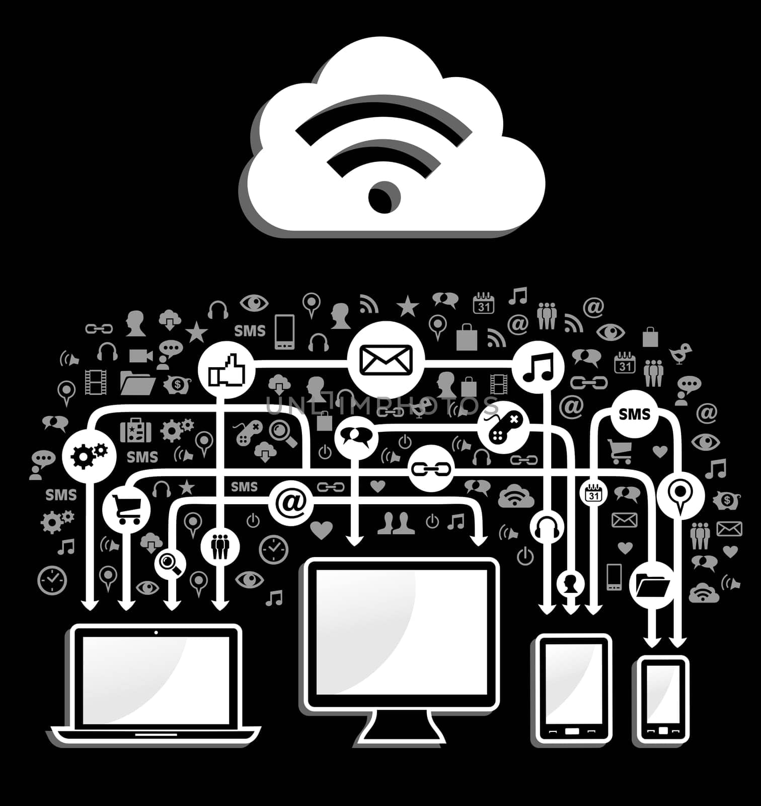 Cloud computing network diagram. Vector illustration layered for easy manipulation and custom coloring.