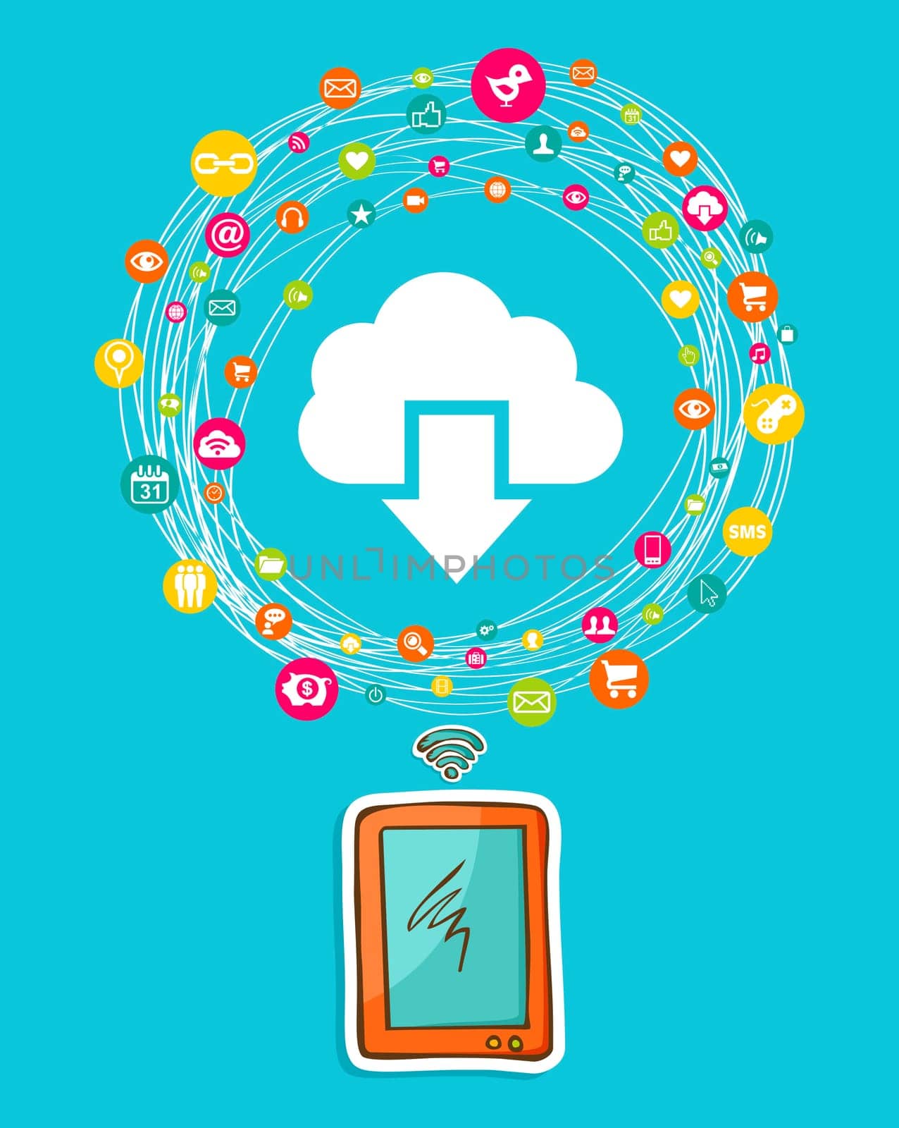 Cloud computing network diagram with hand drawn smartphone. Vector illustration layered for easy manipulation and custom coloring.