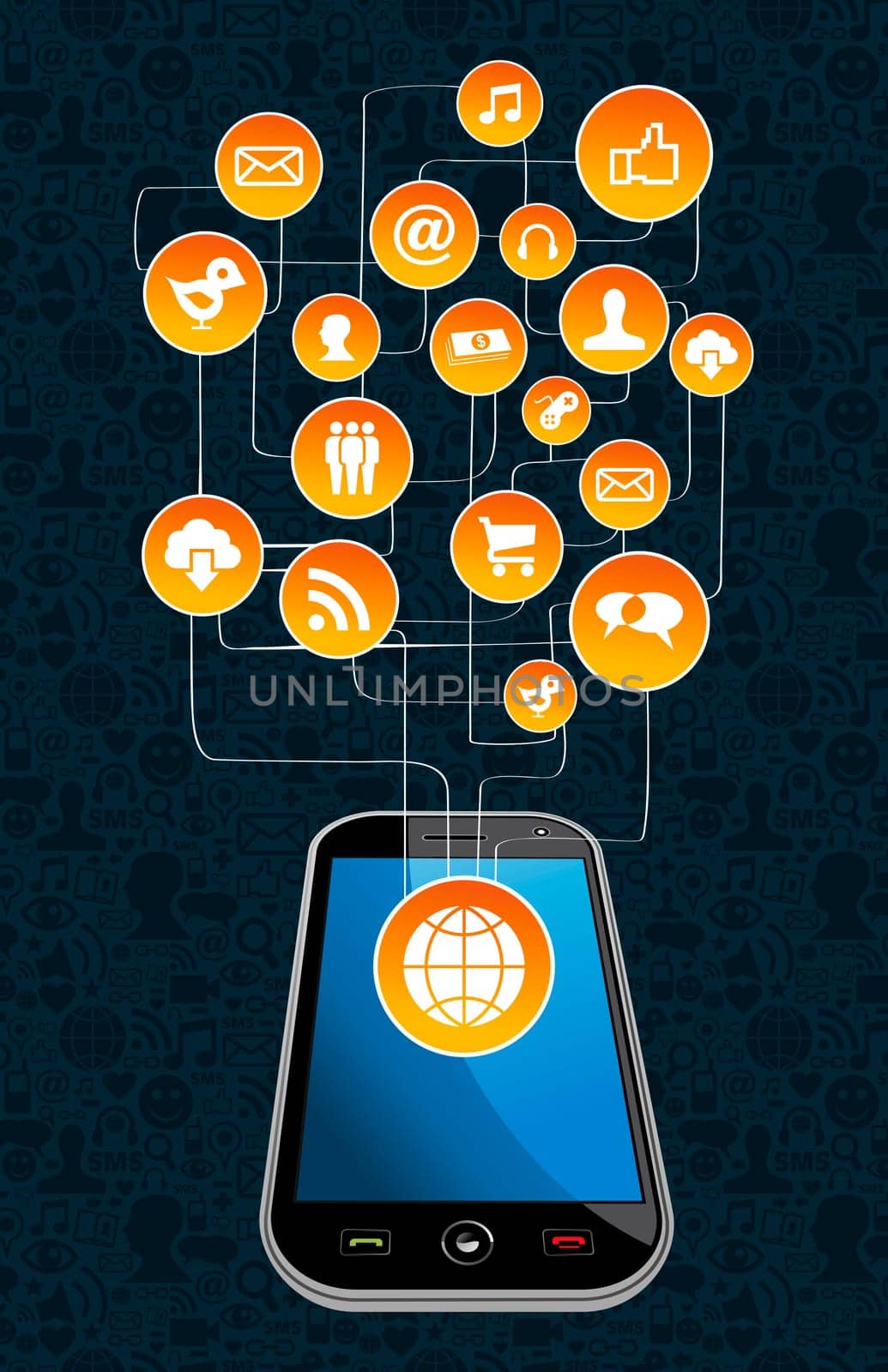 Social media network with icon set diagram and smartphone. Vector illustration layered for easy manipulation and custom coloring.