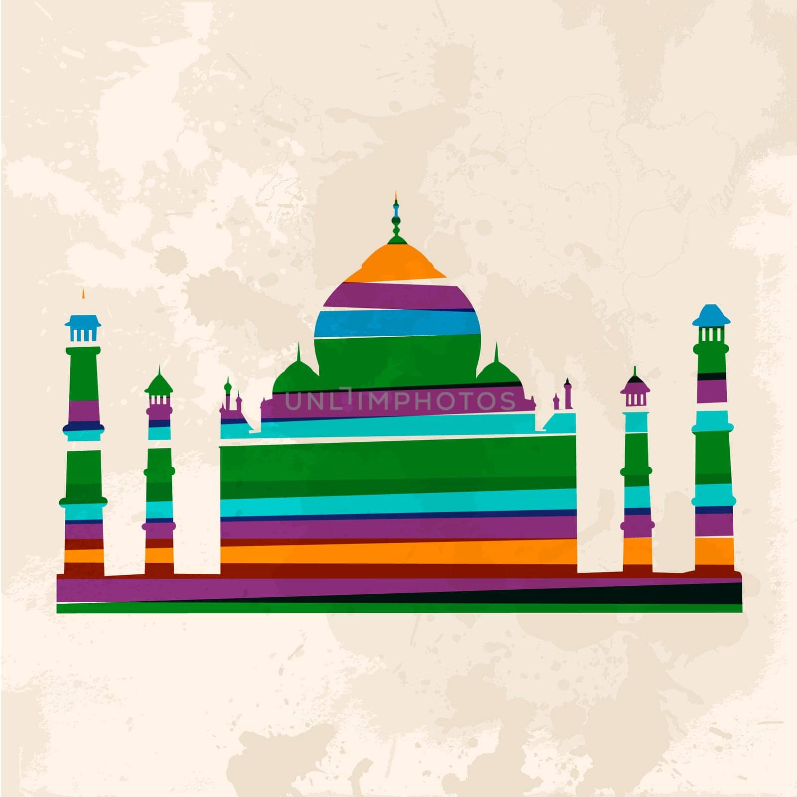 Diversity colors transparent bands Taj Mahal over grunge background. EPS10 file version. This illustration contains transparency and is layered for easy manipulation and custom coloring.