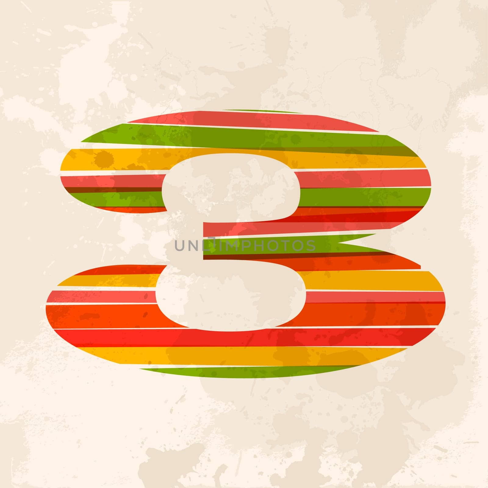 Diversity colors transparent bands number three over grunge background. EPS10 file version. This illustration contains transparency and is layered for easy manipulation and custom coloring.