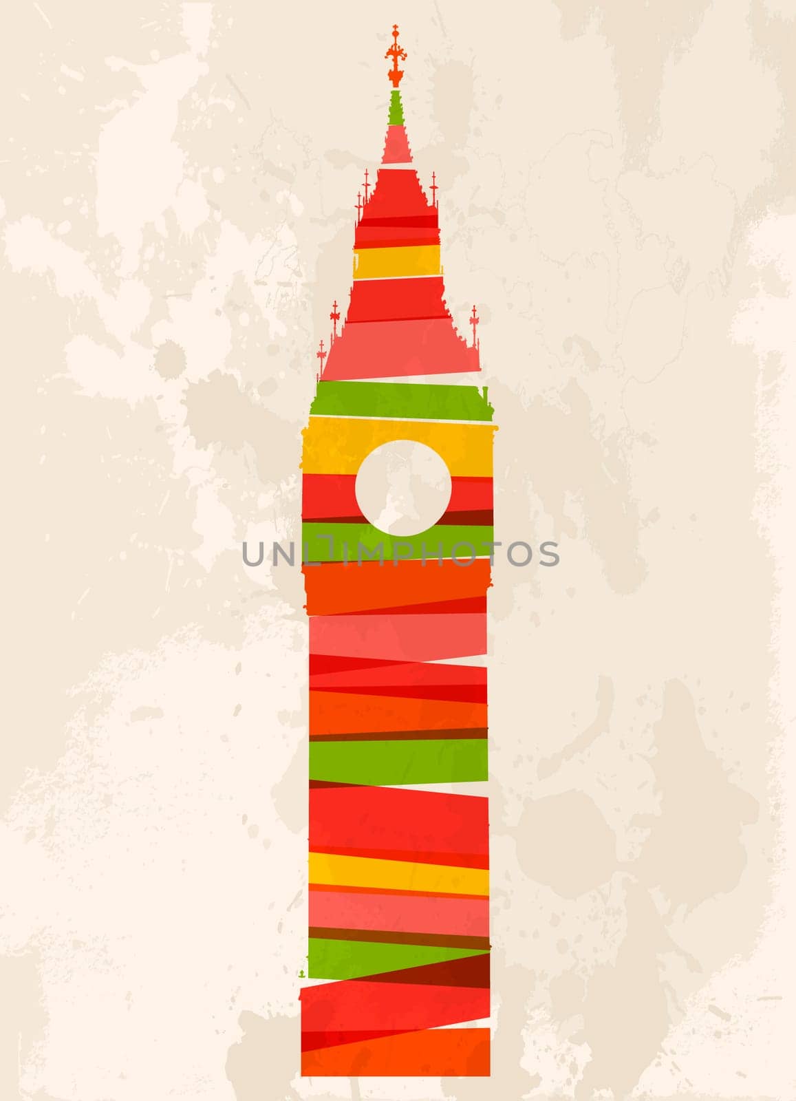 Diversity colors transparent bands Big Ben London city over grunge background. EPS10 file version. This illustration contains transparency and is layered for easy manipulation and custom coloring.