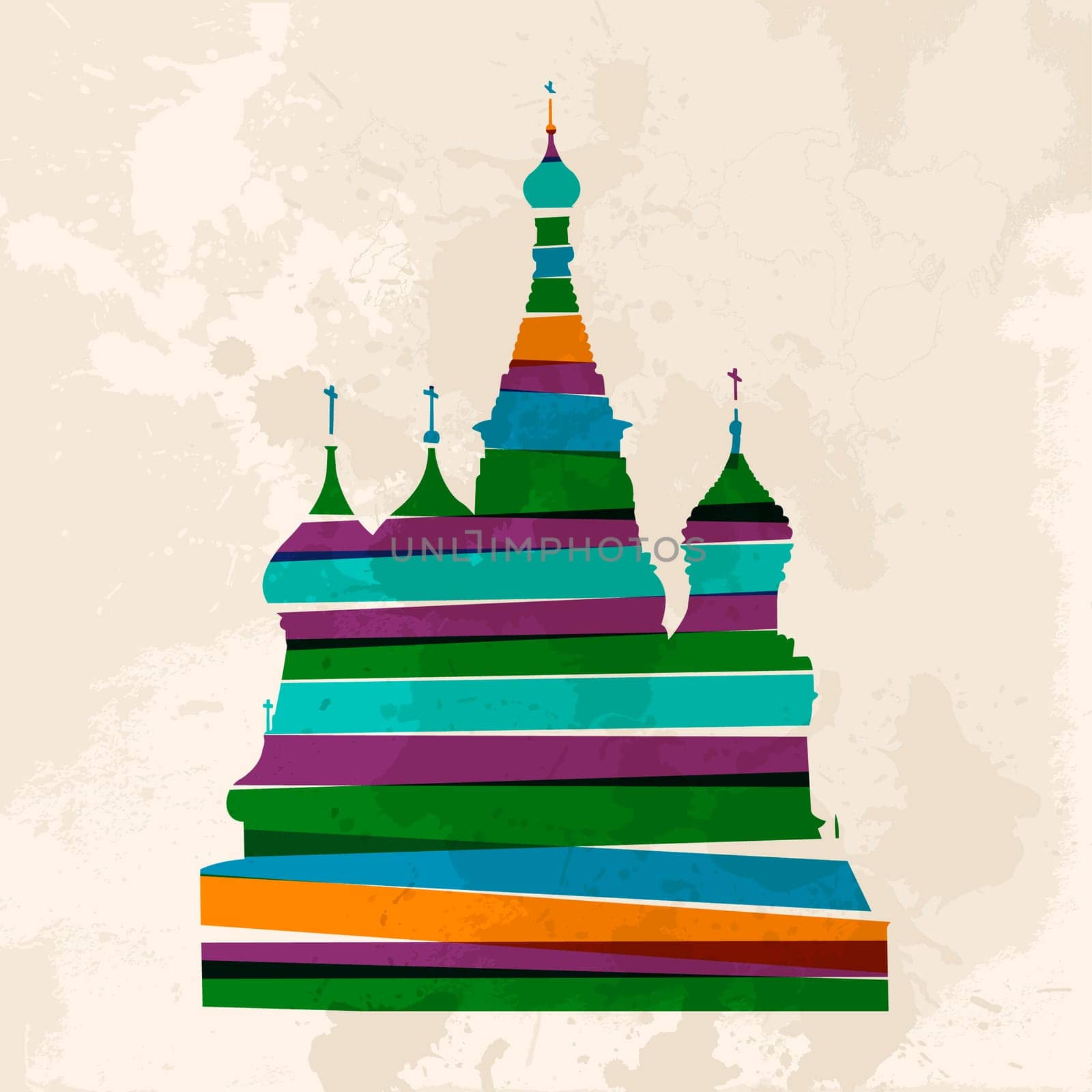 Diversity colors transparent bands St. Basils Cathedral over grunge background. EPS10 file version. This illustration contains transparency and is layered for easy manipulation and custom coloring.
