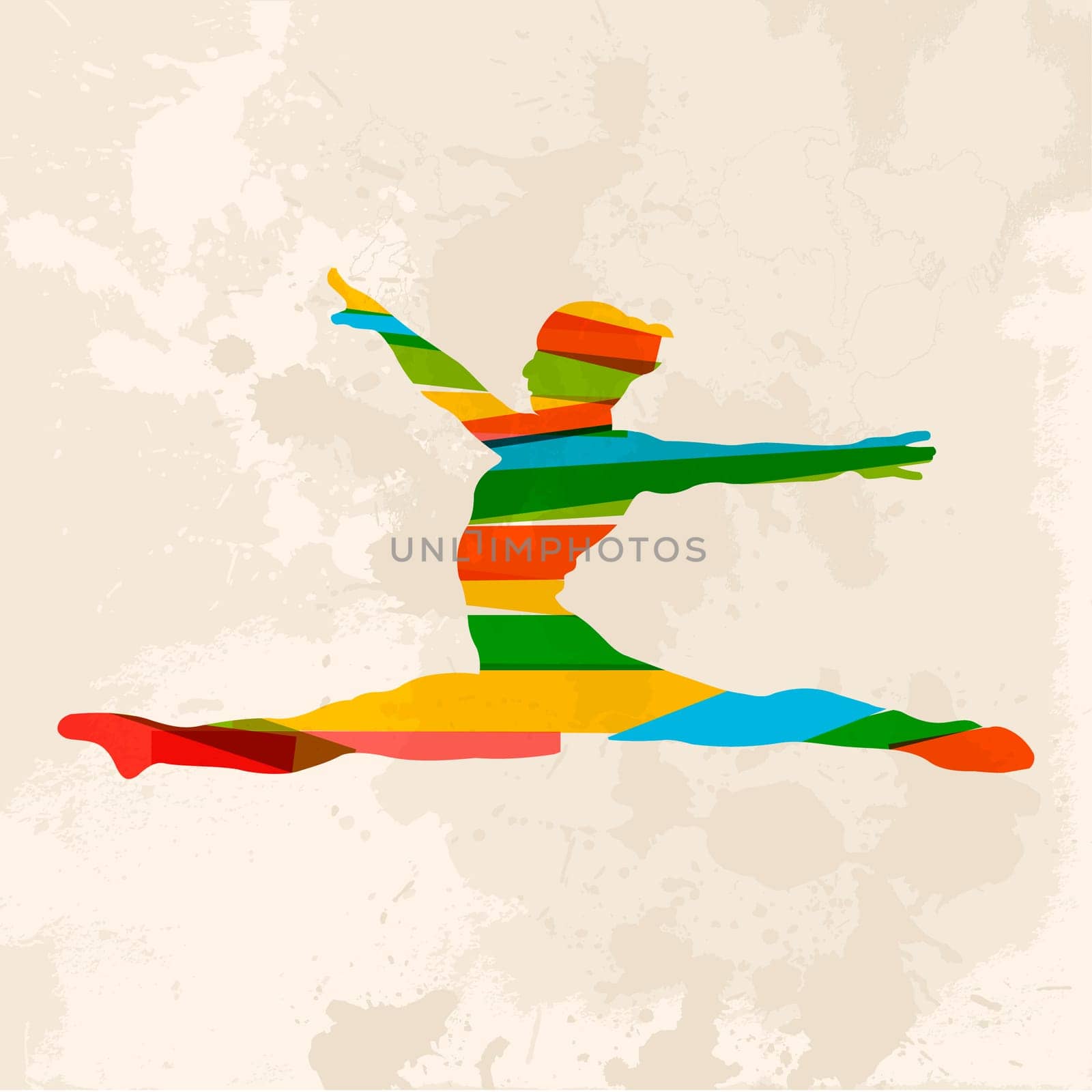 Diversity colors transparent bands Olympic Gym woman over grunge background. EPS10 file version. This illustration contains transparency and is layered for easy manipulation and custom coloring.