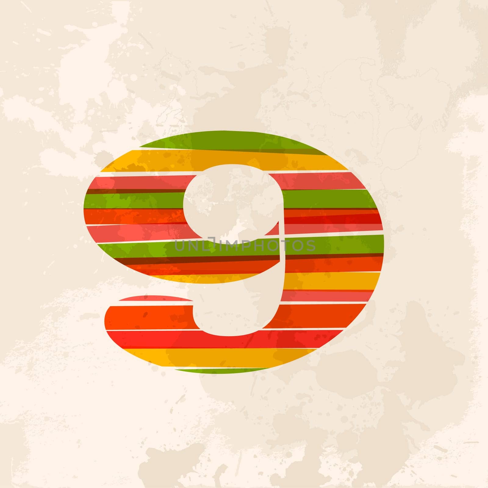 Diversity colors transparent bands number nine over grunge background. EPS10 file version. This illustration contains transparency and is layered for easy manipulation and custom coloring.