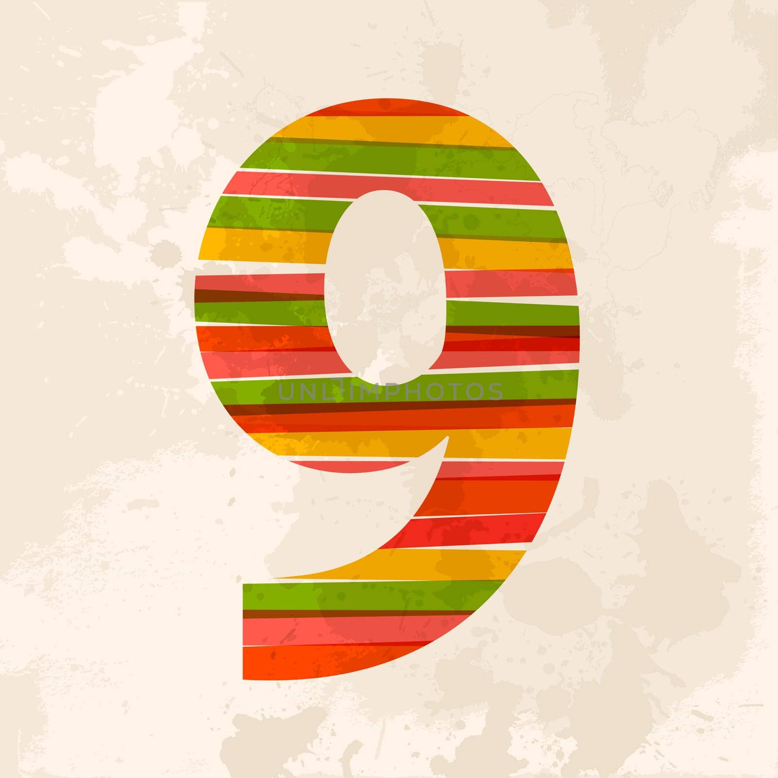Diversity colors transparent bands number 9 over grunge background. EPS10 file version. This illustration contains transparency and is layered for easy manipulation and custom coloring.