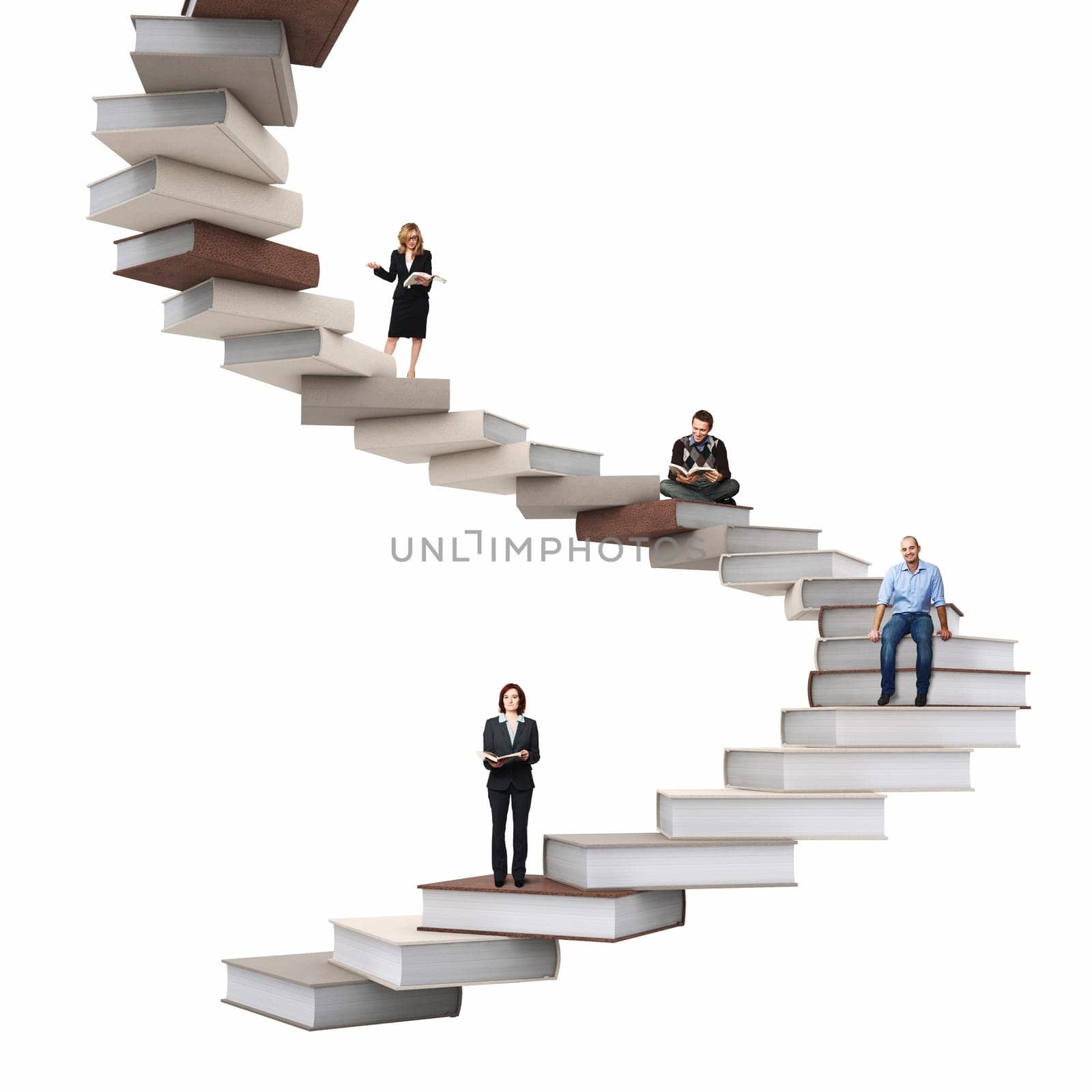 businesspeople on 3d abstract books stair