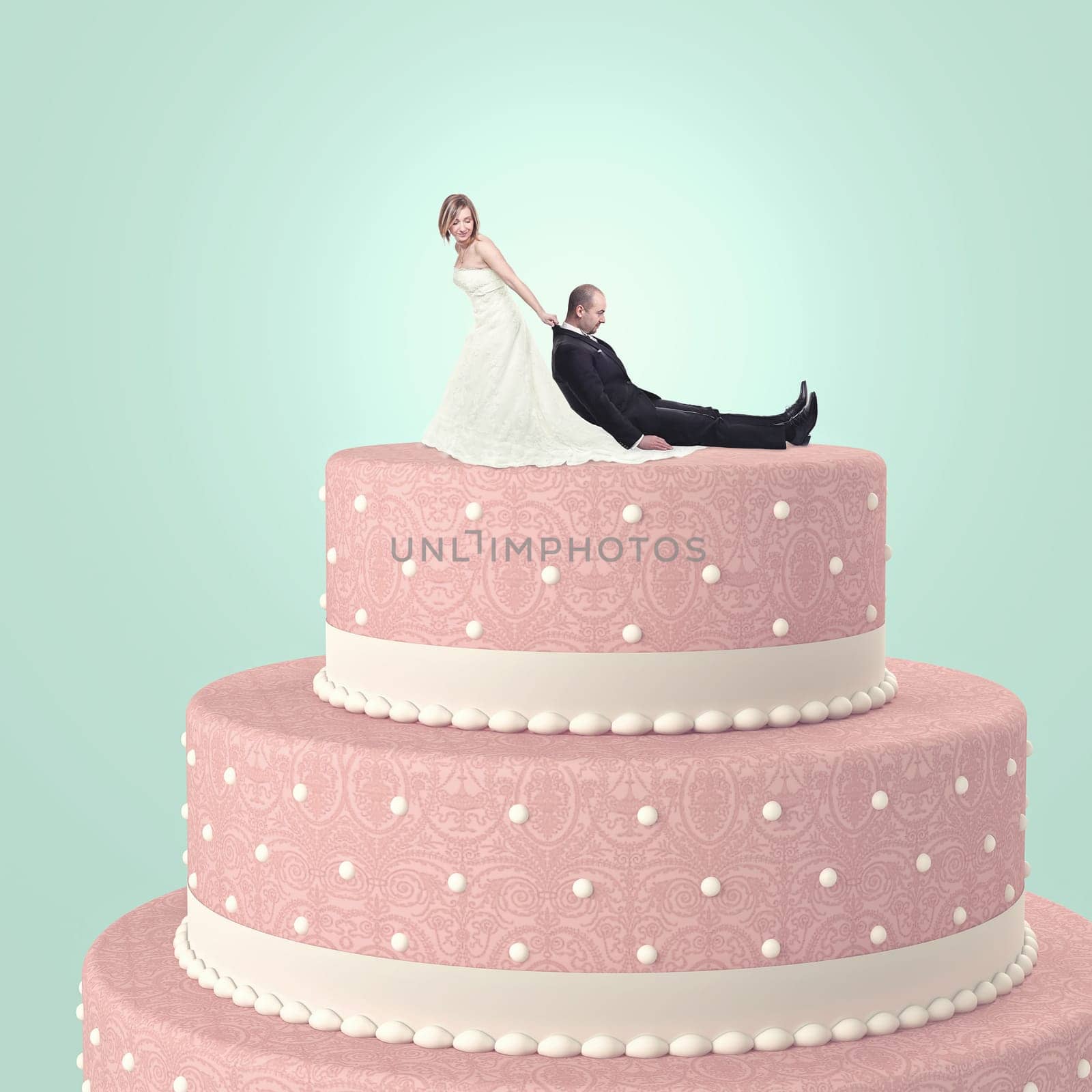 funny wedding cake with goom and bride