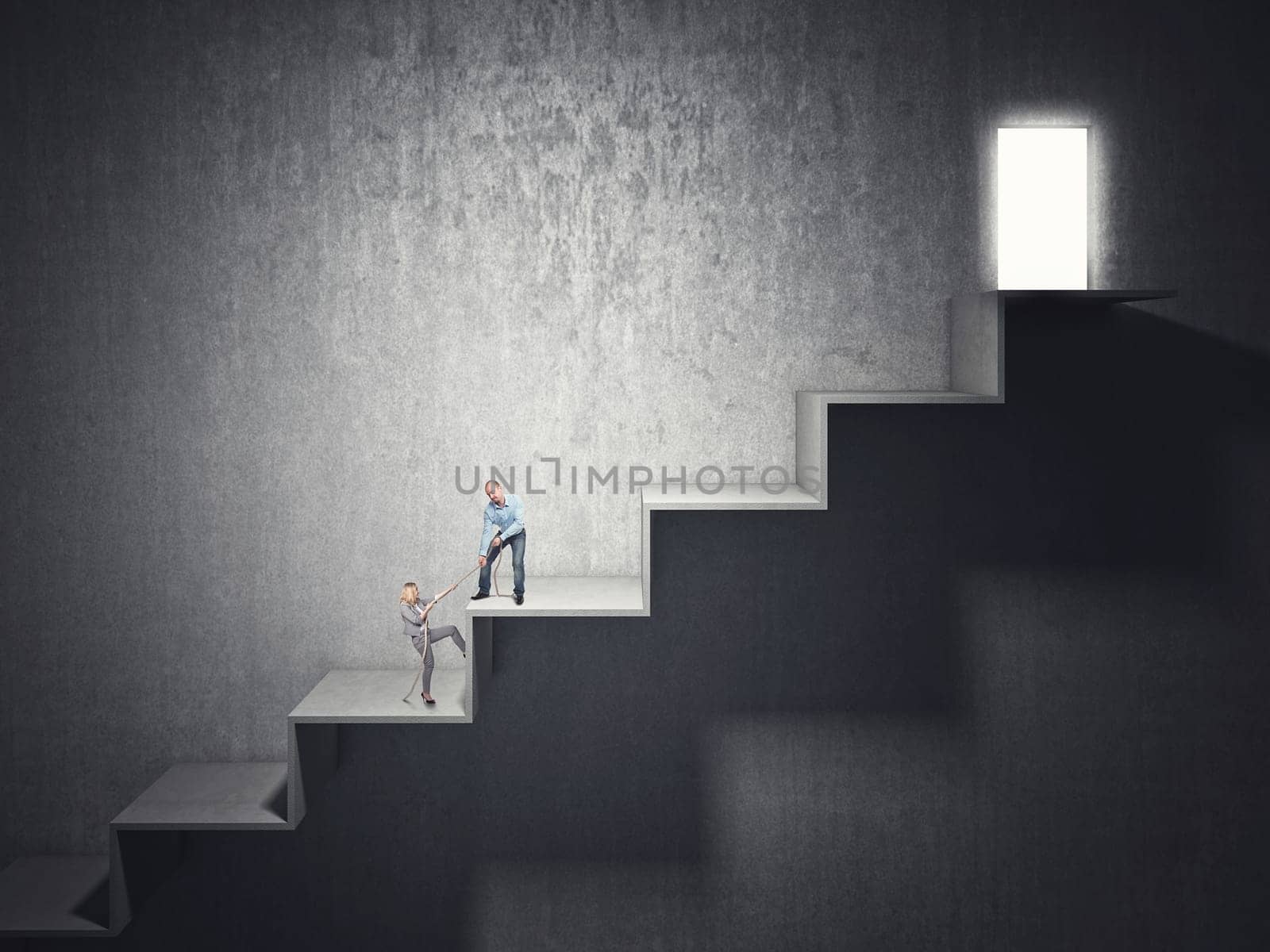 woman and man try to climb huge 3d stair