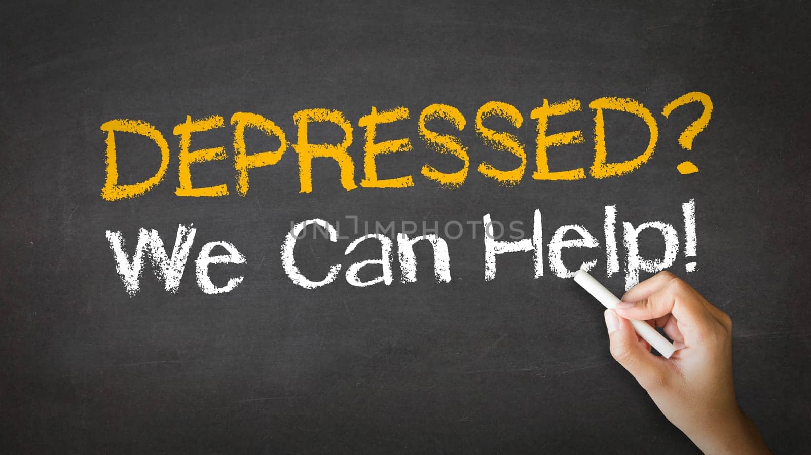 A person drawing and pointing at a Depressed we can help Chalk Illustration