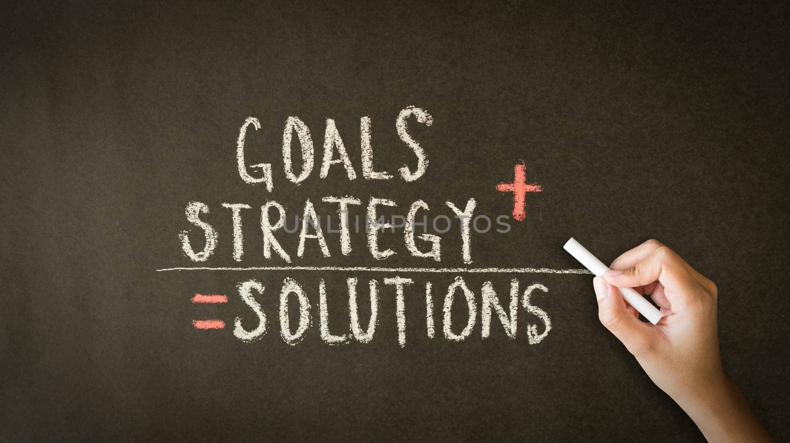 A person drawing and pointing at a Goals, Strategy, Solutions chalk drawing