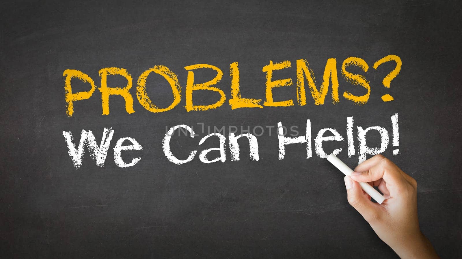 A person drawing and pointing at a Problems we can help Chalk Illustration