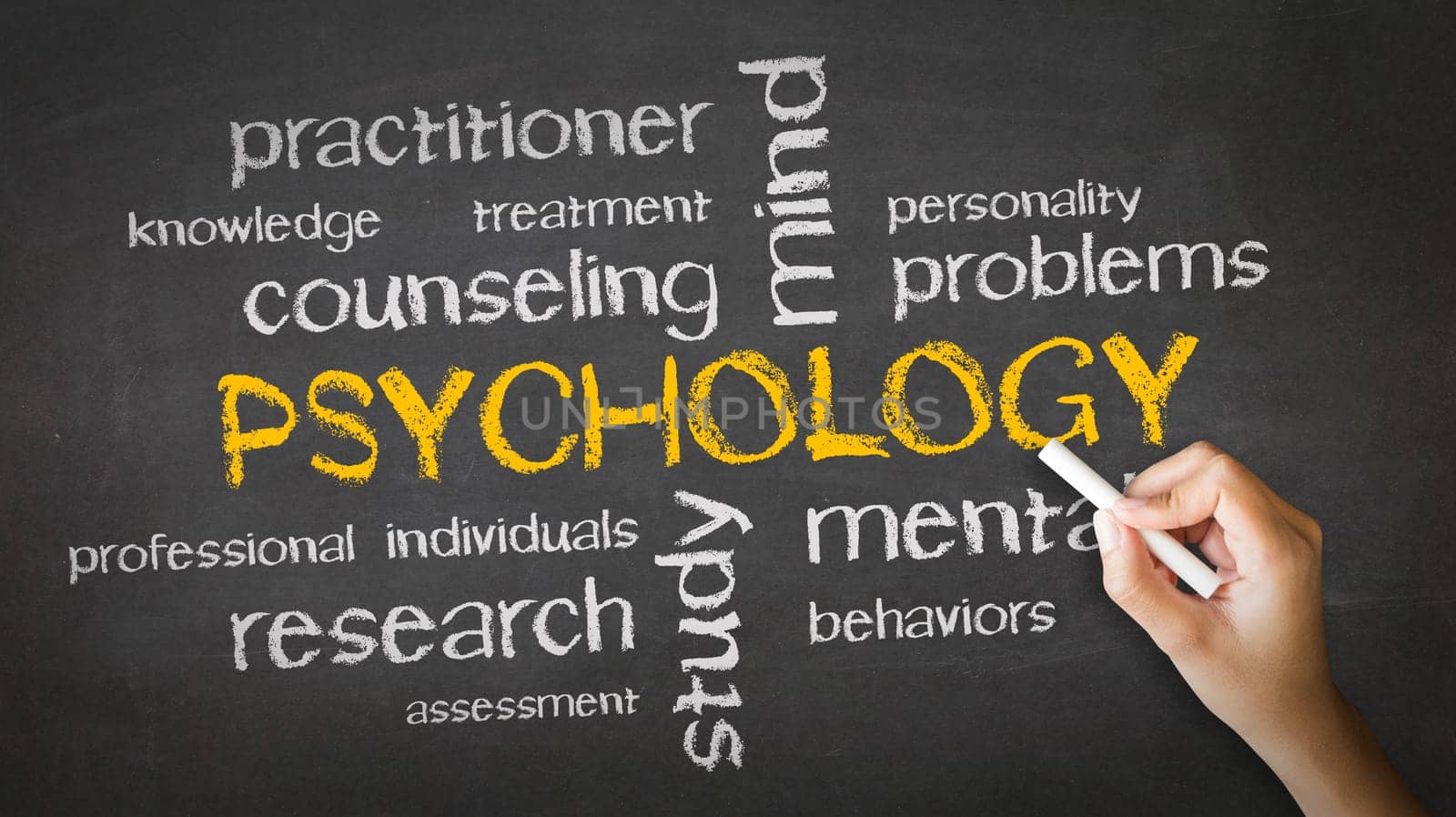 A person drawing and pointing at a Psychology Chalk Drawing.