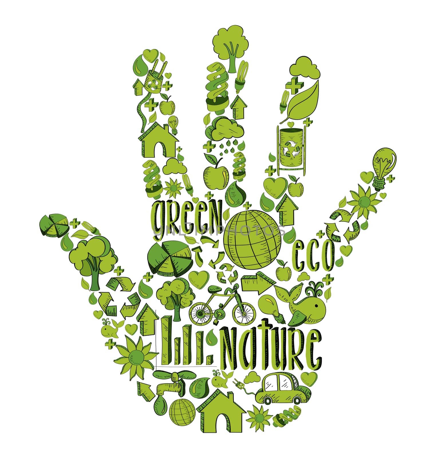 Hand with environmental hand drawn icons in green. This illustration is layered for easy manipulation and custom coloring
