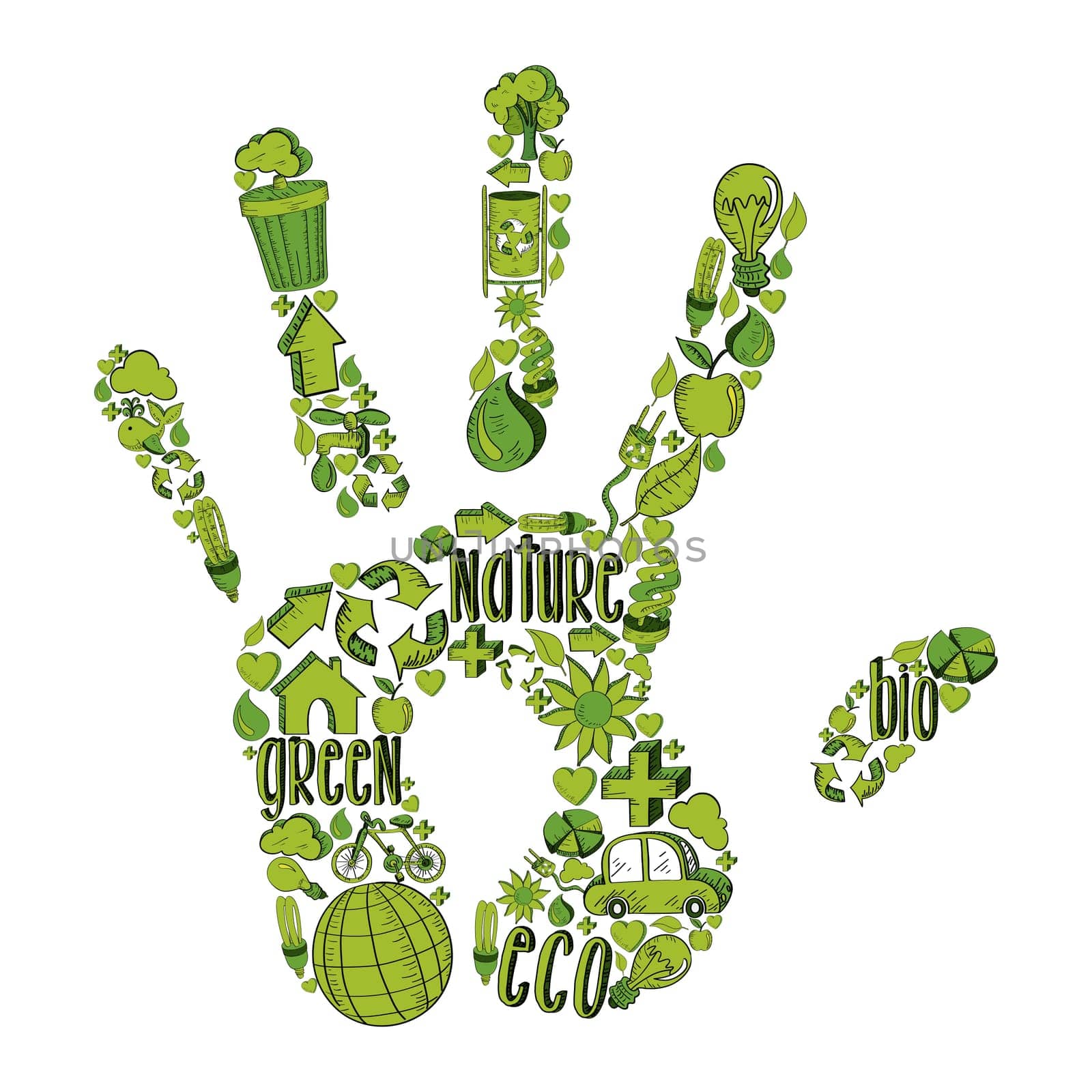 Trendy hand with environmental hand drawn icons in green. This illustration is layered for easy manipulation and custom coloring