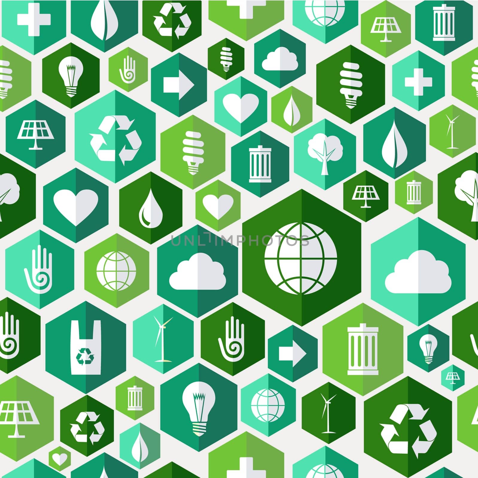 Green attitude environmental icons set seamless pattern over white background.