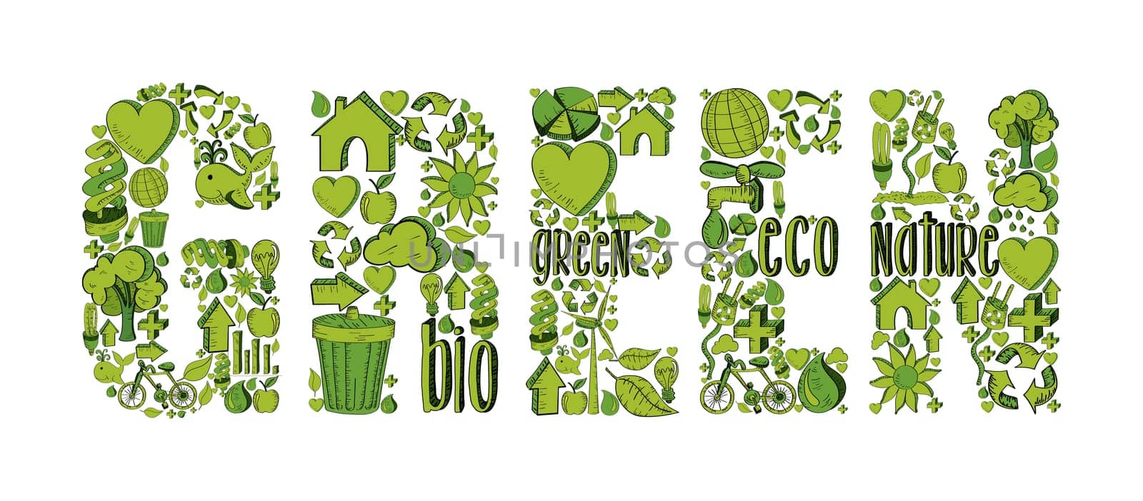 Green word with environmental hand drawn icons in green. This illustration is layered for easy manipulation and custom coloring