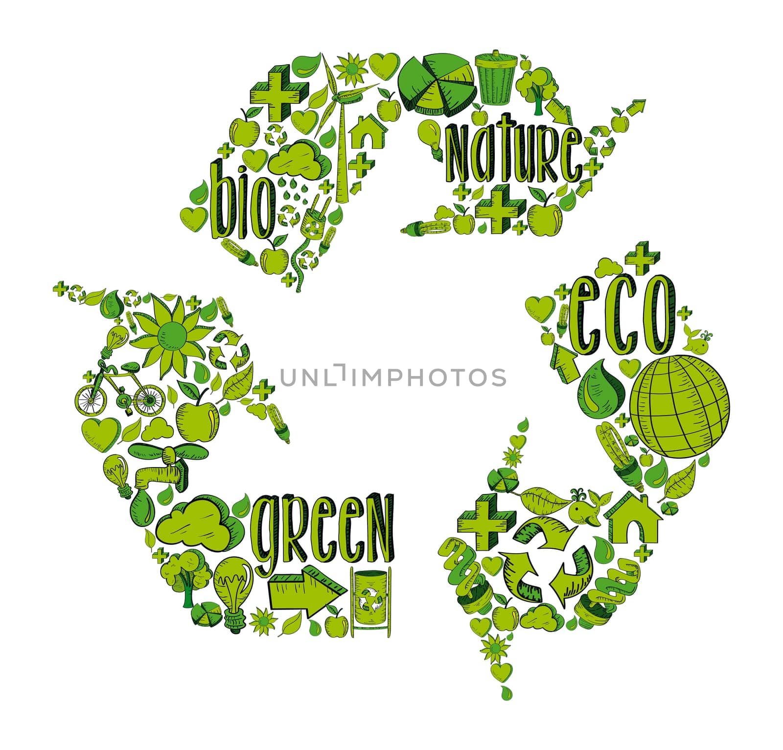 Recycle symbol with environmental green hand drawn icons.  This illustration is layered for easy manipulation and custom coloring
