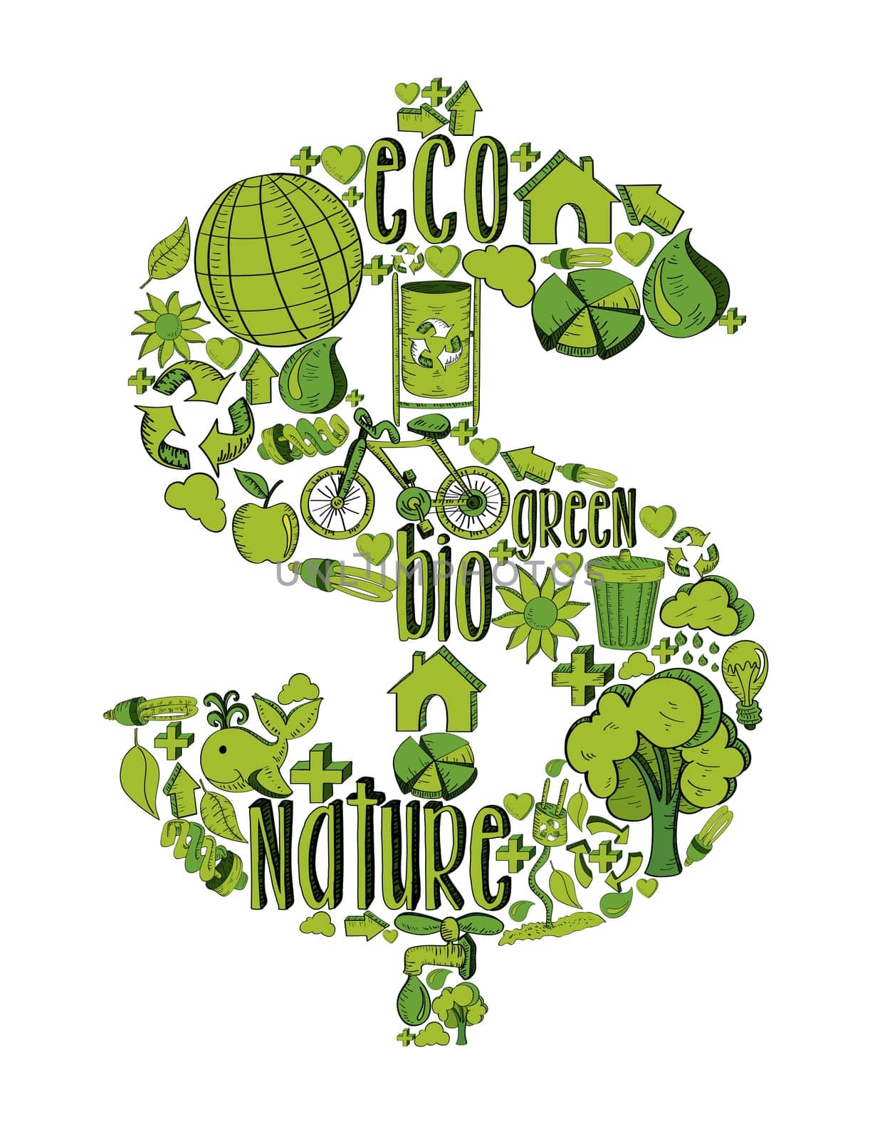 Money symbol with environmental hand drawn icons in green. This illustration is layered for easy manipulation and custom coloring