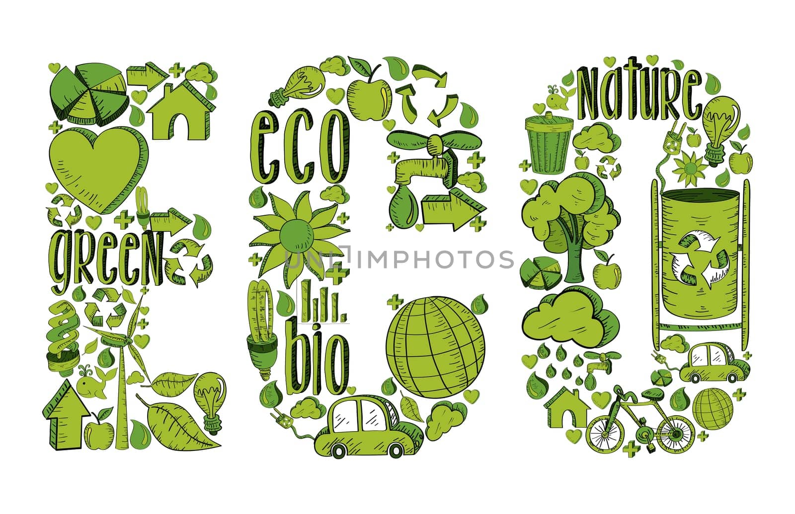 Word eco with environmental hand drawn icons in green. This illustration is layered for easy manipulation and custom coloring