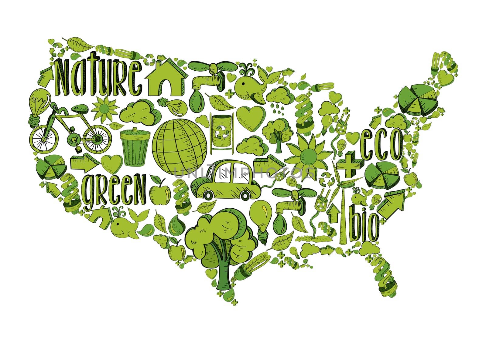 USA shape with environmental hand drawn icons in green. This illustration is layered for easy manipulation and custom coloring