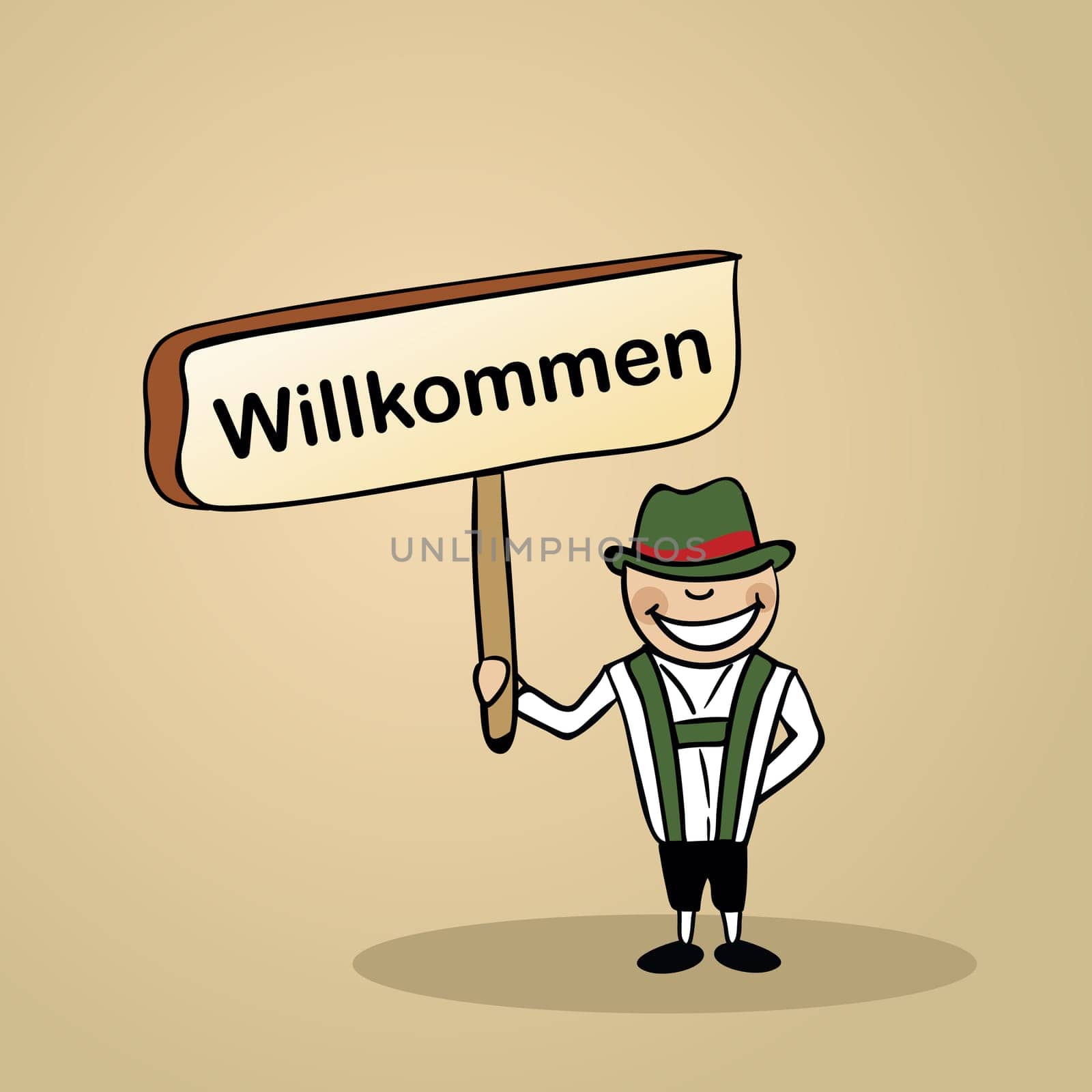 Trendy german man says welcome holding a wooden sign sketch. Vector file illustration layered for easy editing.