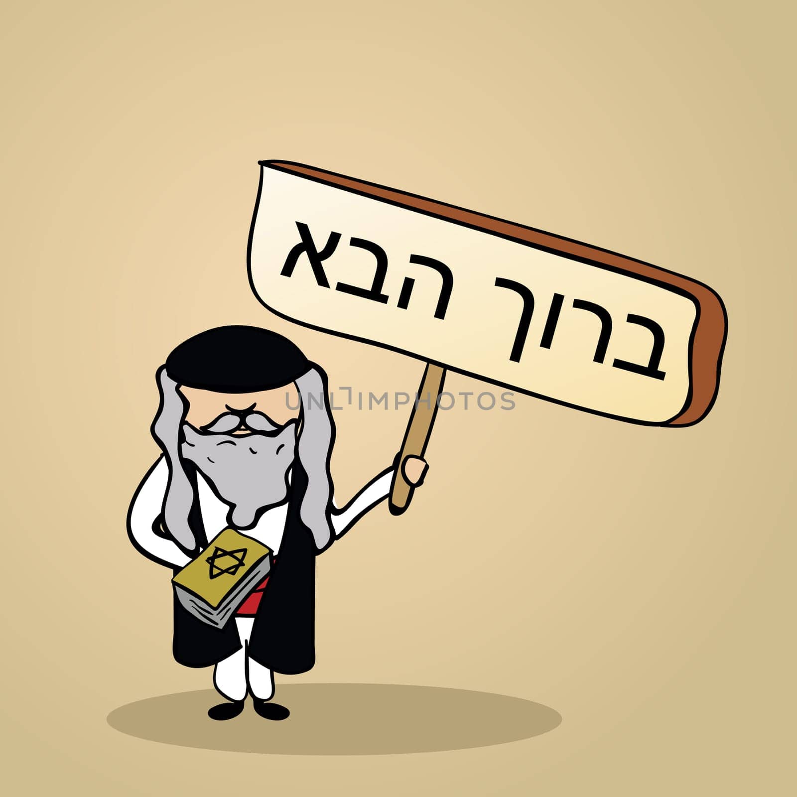 Trendy jewish man says welcome holding a wooden sign sketch. Vector file illustration layered for easy editing.
