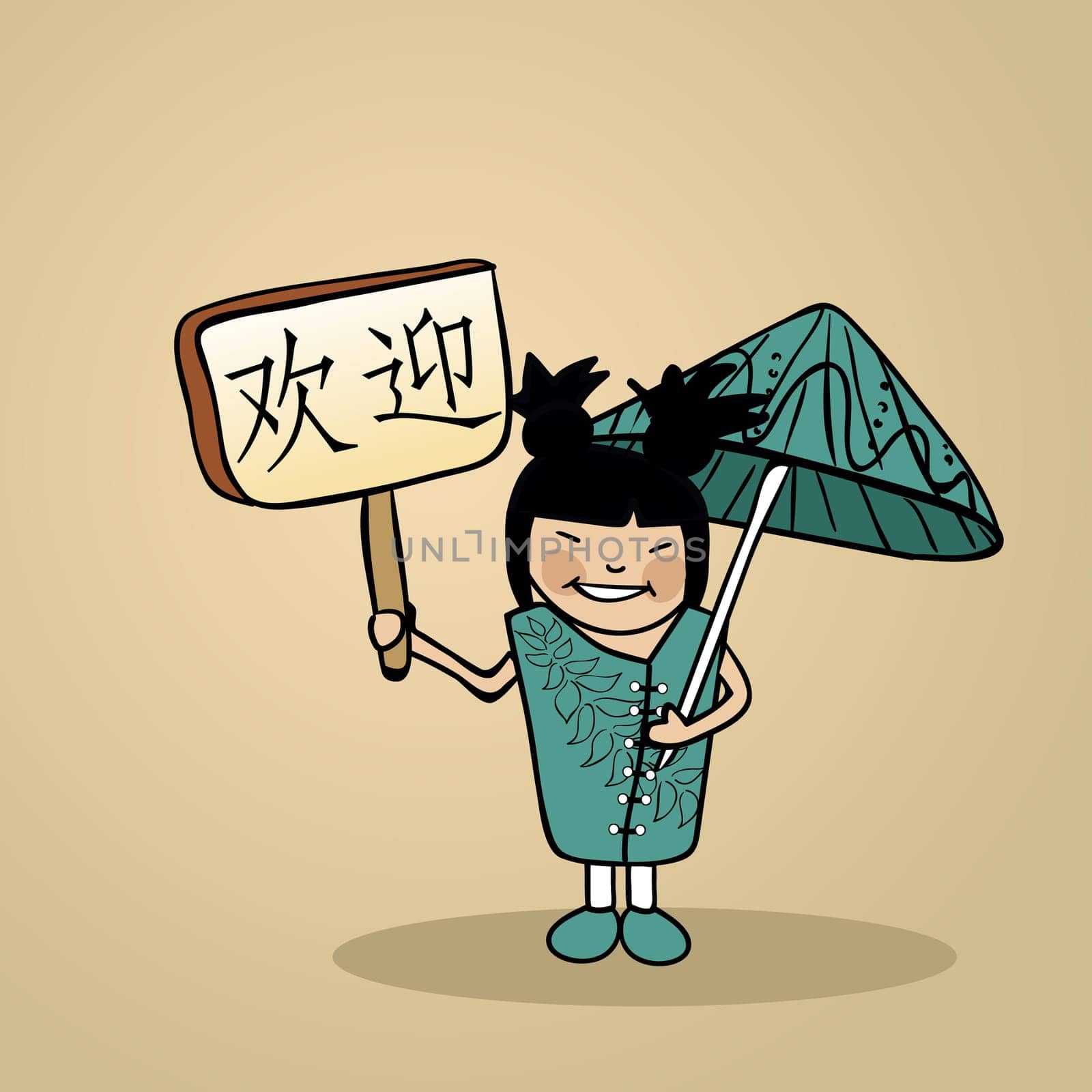 Trendy chinese woman says welcome holding a wooden sign sketch. Vector file illustration layered for easy editing.