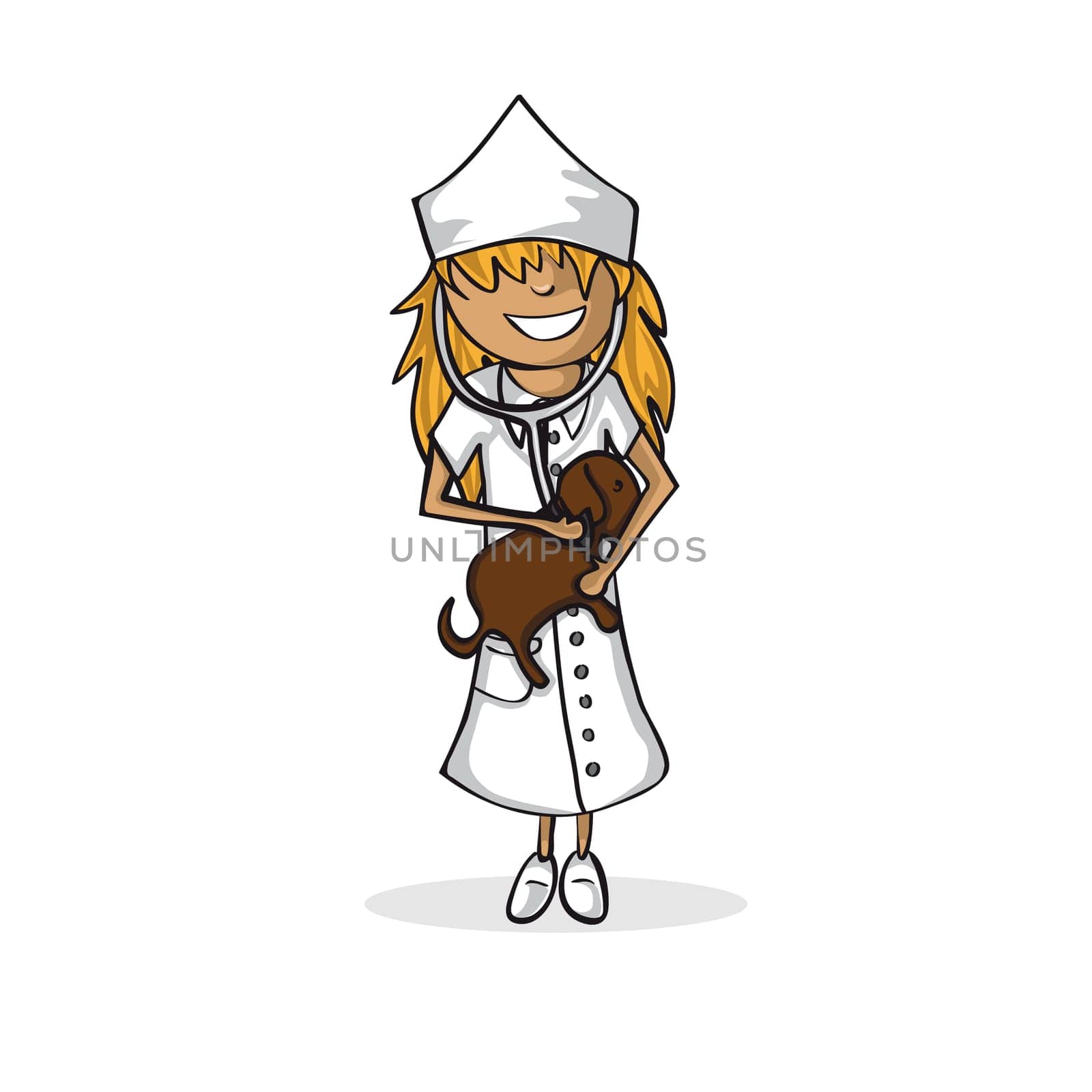 Trendy Vet girl holing a puppy design drawing. Vector file layered for easy manipulation and custom coloring.