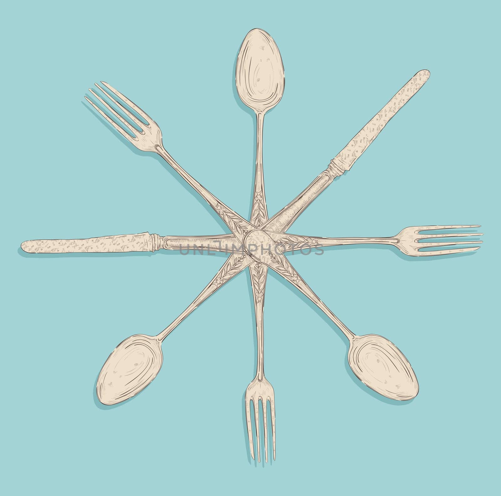 Retro hand drawn cutlery circle set fork, knife and spoon .Vector file layered for easy manipulation and custom coloring