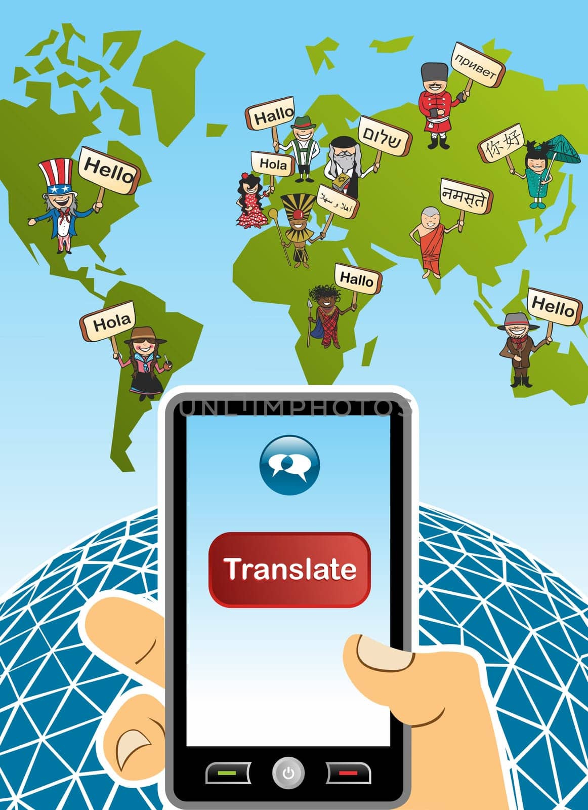 World map and hand with smartphone translation concept background. Vector illustration layered for easy editing.