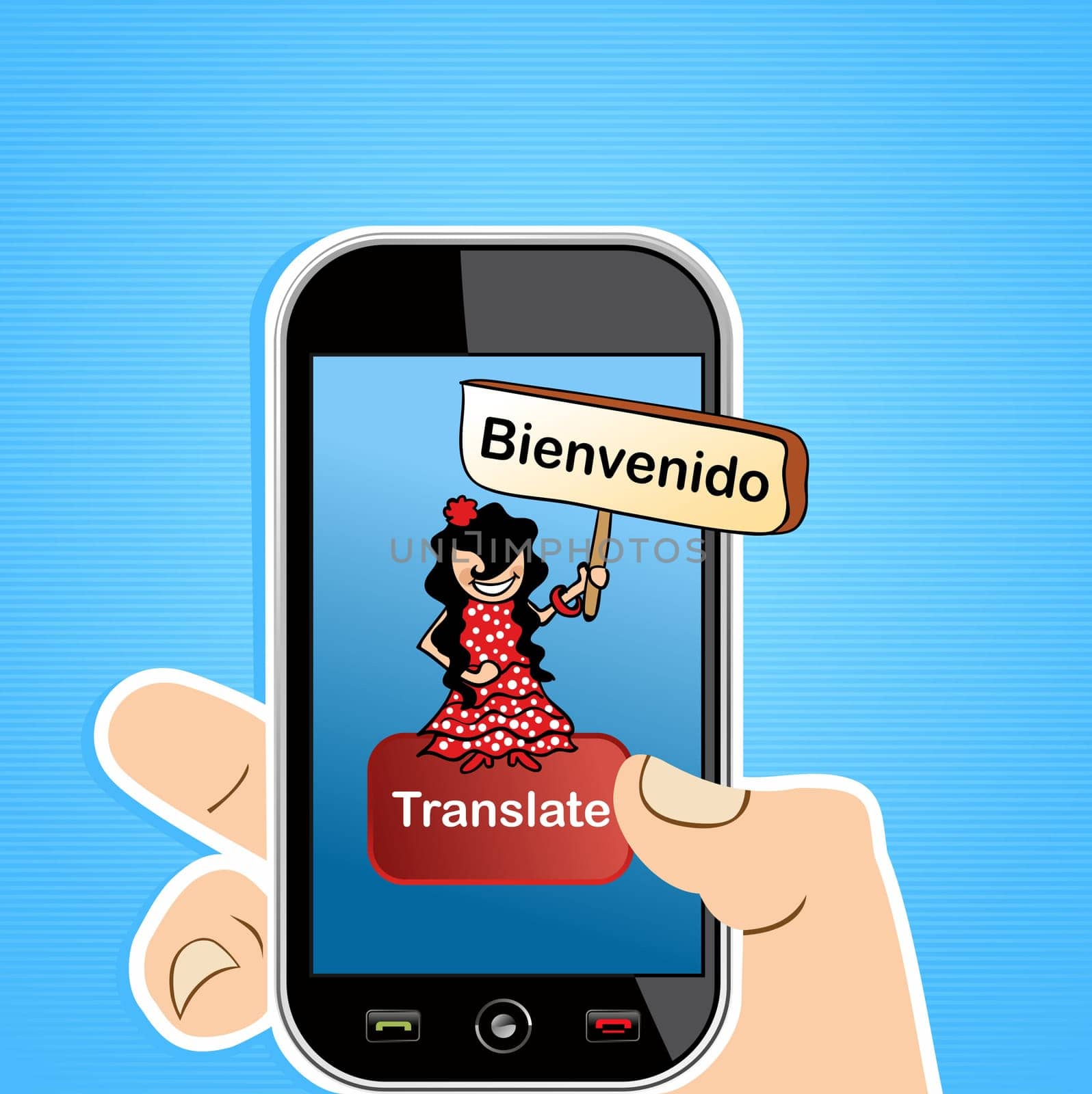Hand with smart phone spanish translation concept background. Vector illustration layered for easy editing.