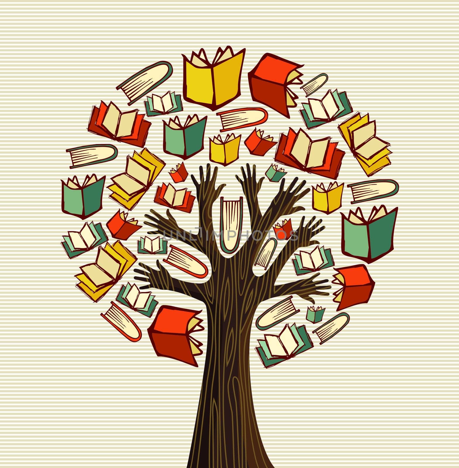 Global education concept tree hand books. Vector file layered for easy manipulation and custom coloring. .