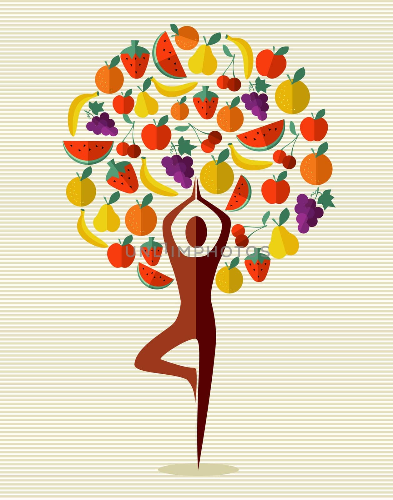 Human shape yoga exercise tree fruits design. Vector file layered for easy manipulation and custom coloring.