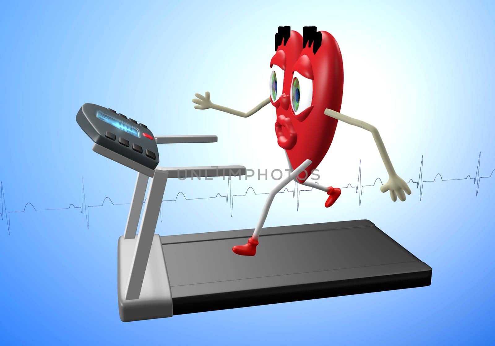 Heart character exercising on treadmill, concept of heart health, cardio exercise, fitness