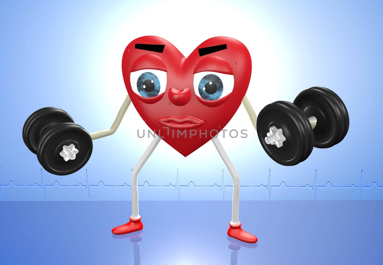 Heart character exercising with weights in both hands