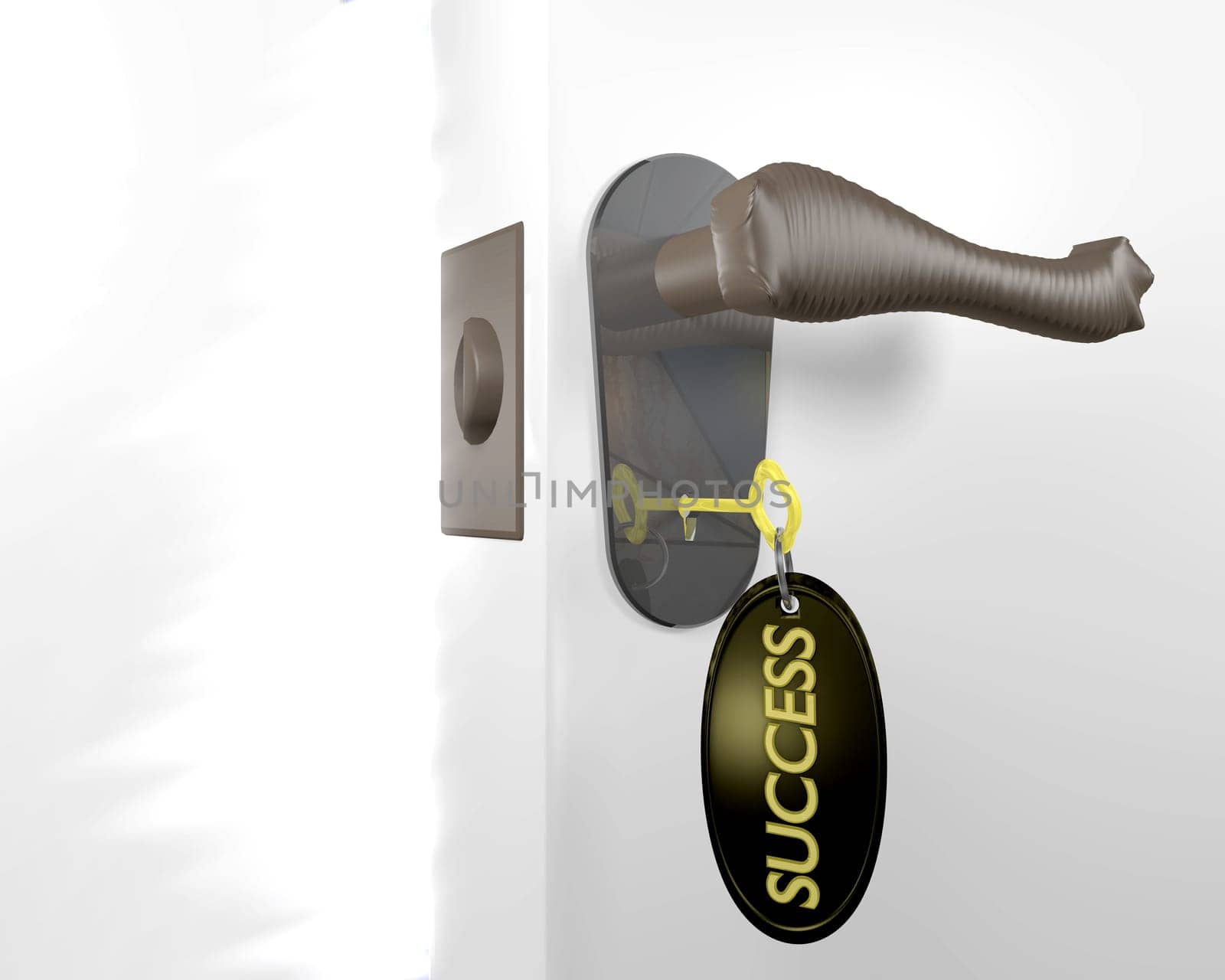 Key to success unlocking door, with light shining through the opening