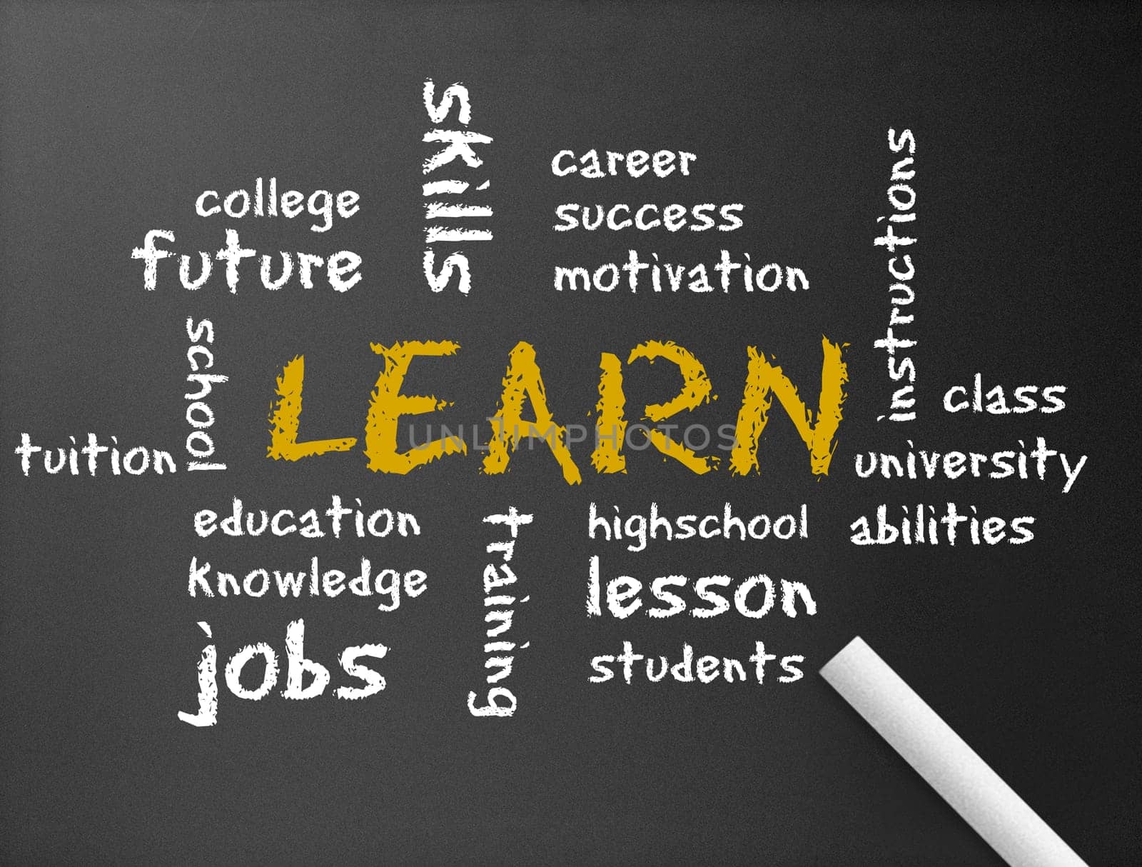 Dark chalkboard with the word learn illustration.