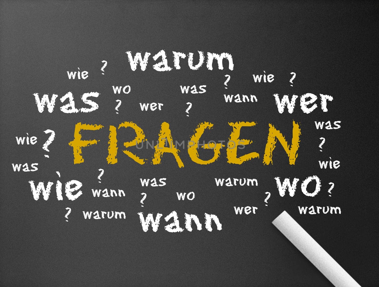 Dark chalkboard with the word fragen illustration.