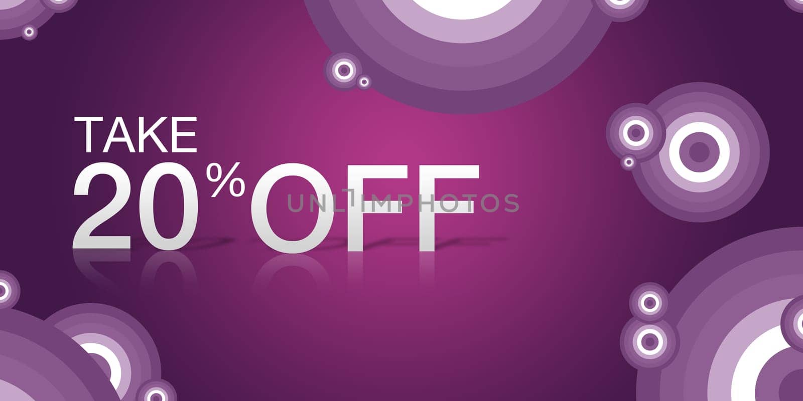Purple, high resolution "Take 20% Off"" coupon with abstract elements."
