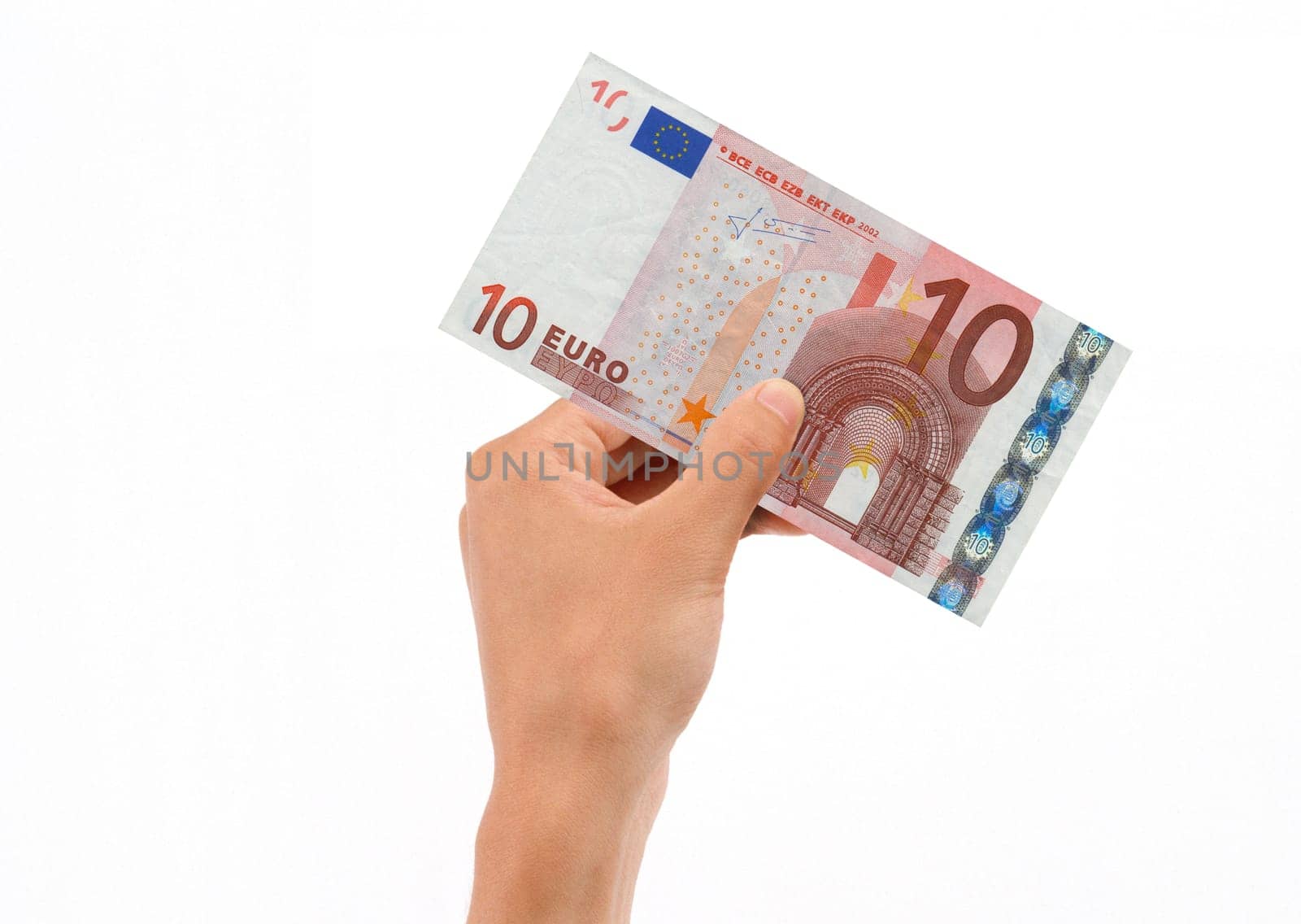 Hand Holding 10 Euro Bill isolated on white background.