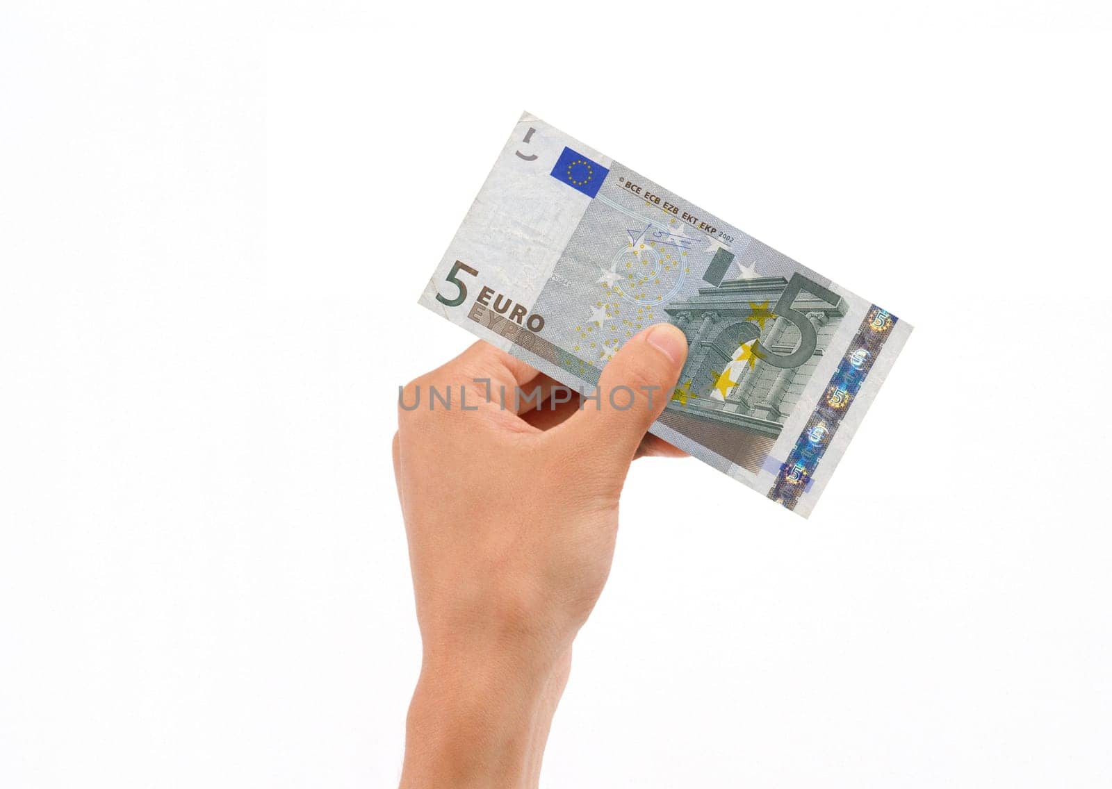 Hand Holding 5 Euro Bill isolated on white background.