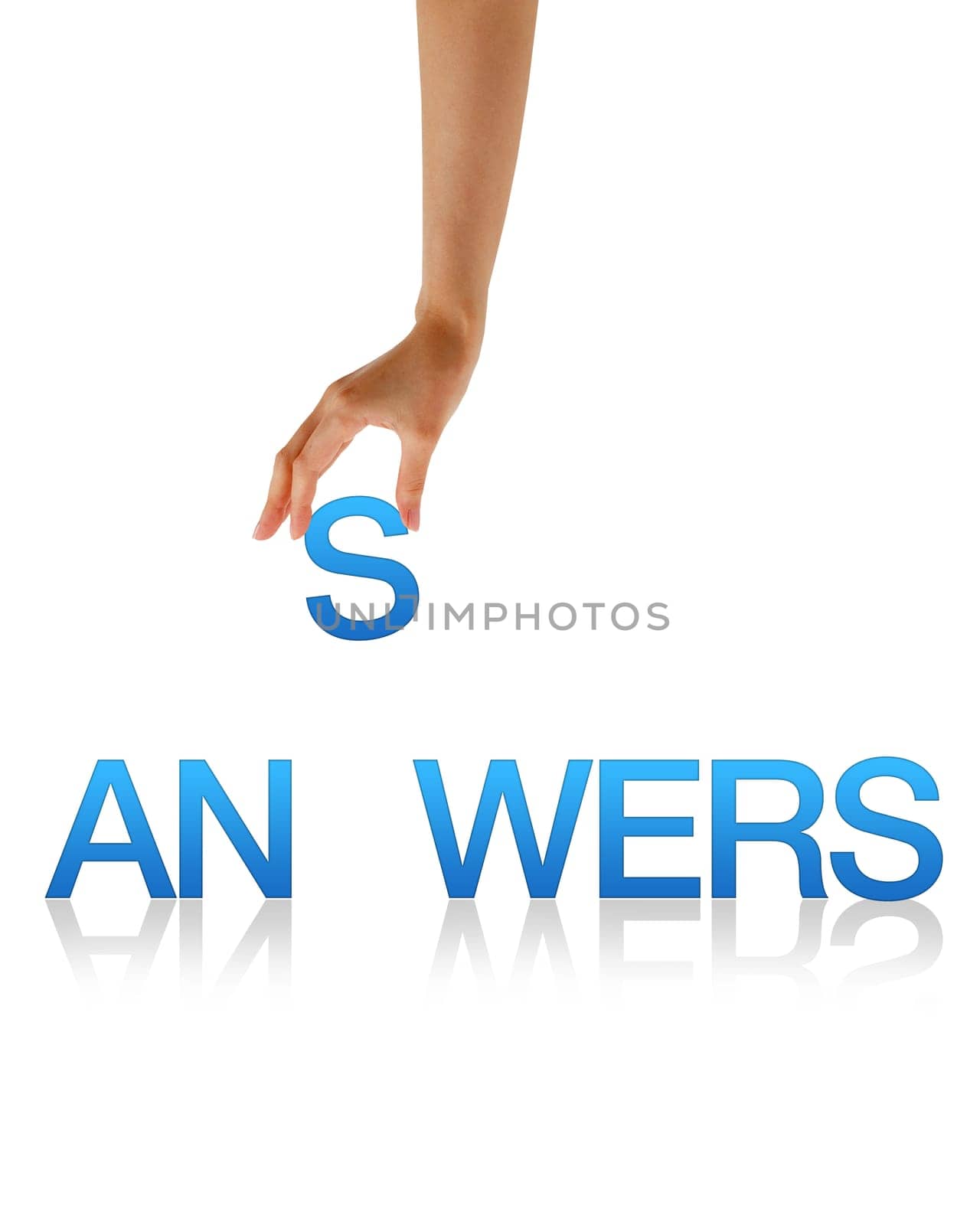 High resolution graphic of a hand holding the letter S from the word Answers.