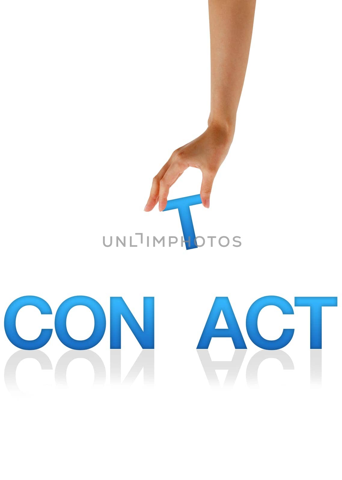 High resolution graphic of a hand holding the letter T from the word Contact.