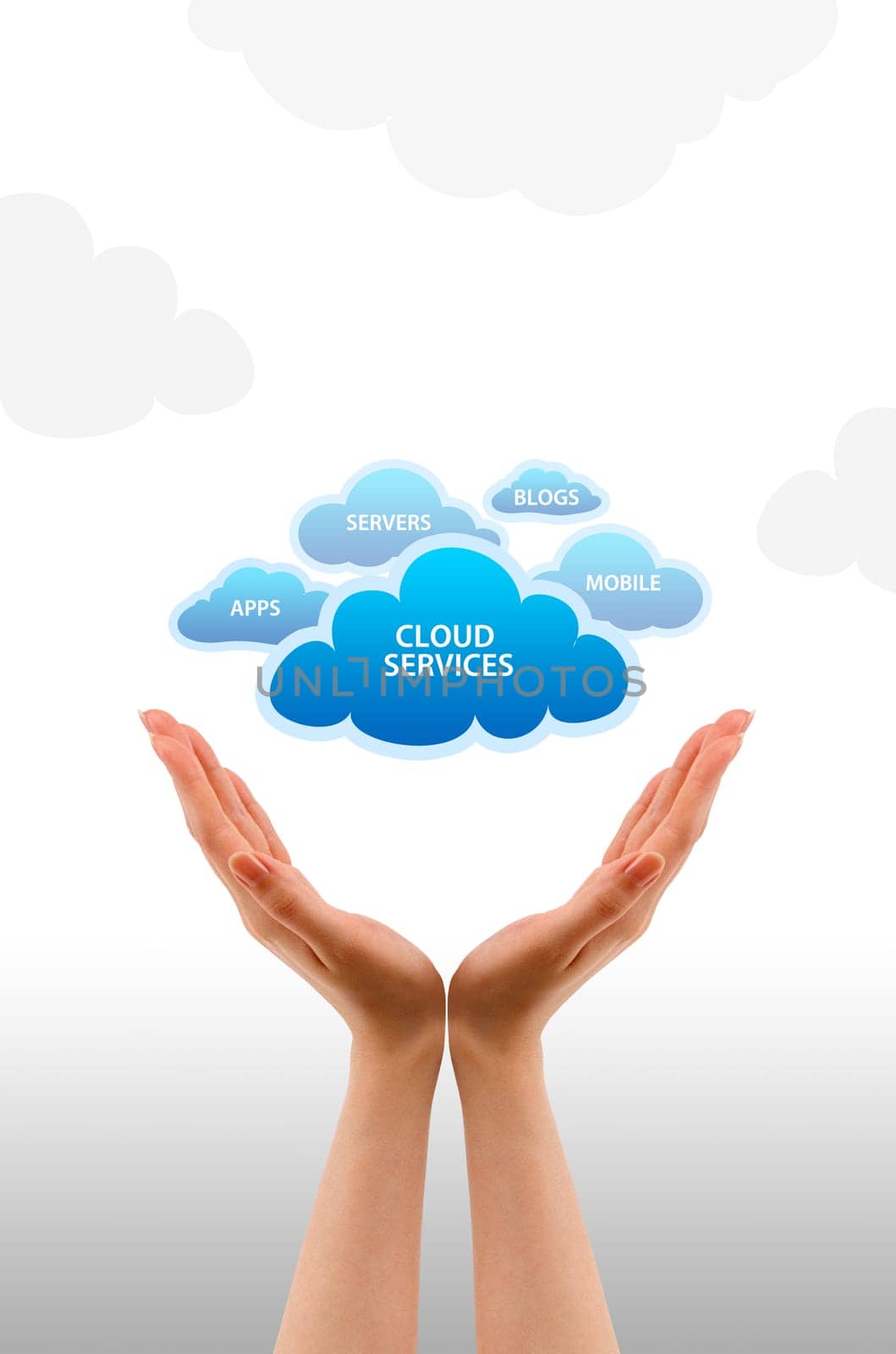 High resolution graphic of hands holding serveral clouds.