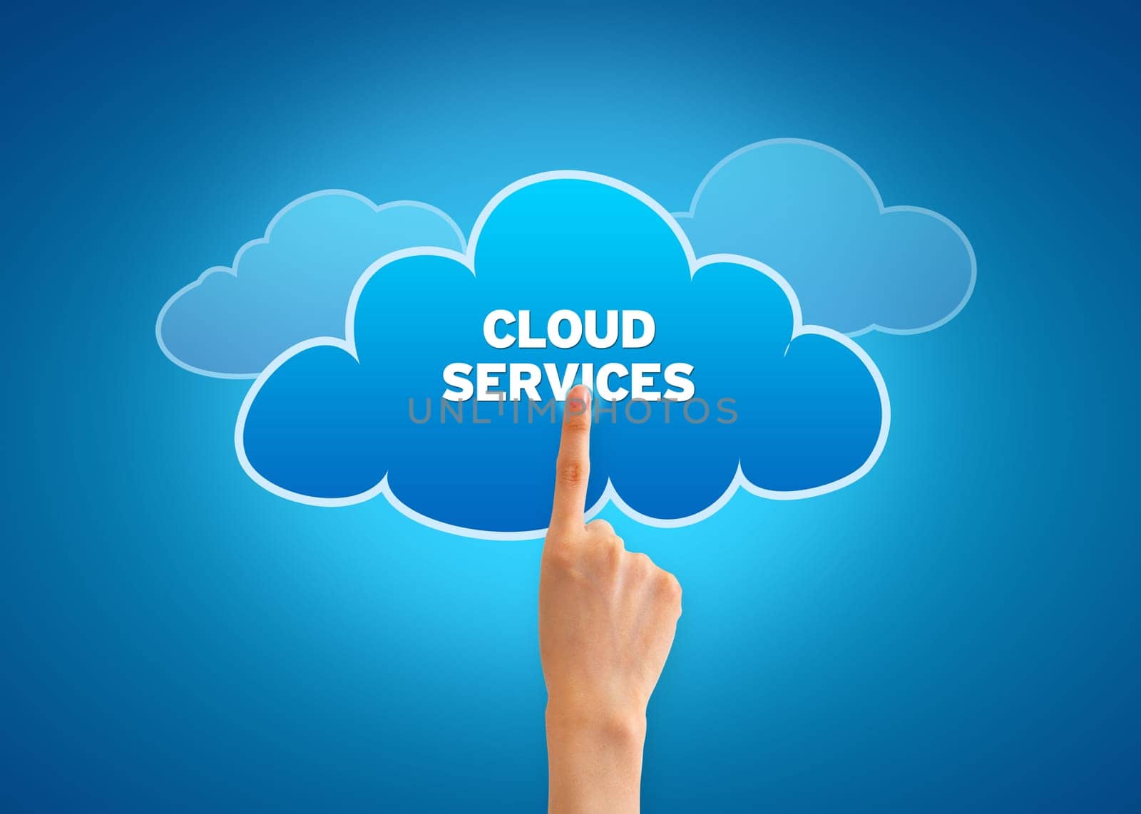 Hand pointing at a Cloud Services Cloud.