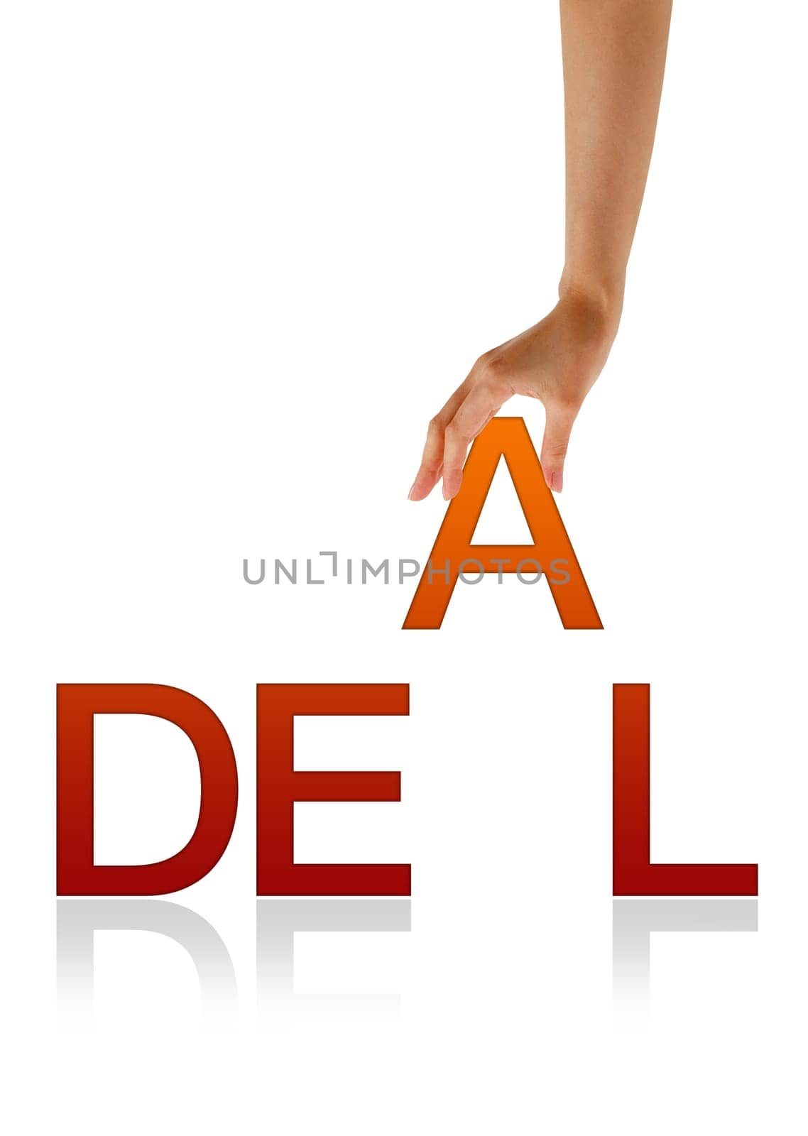 High resolution graphic of a hand holding the letter A from the word Deal.