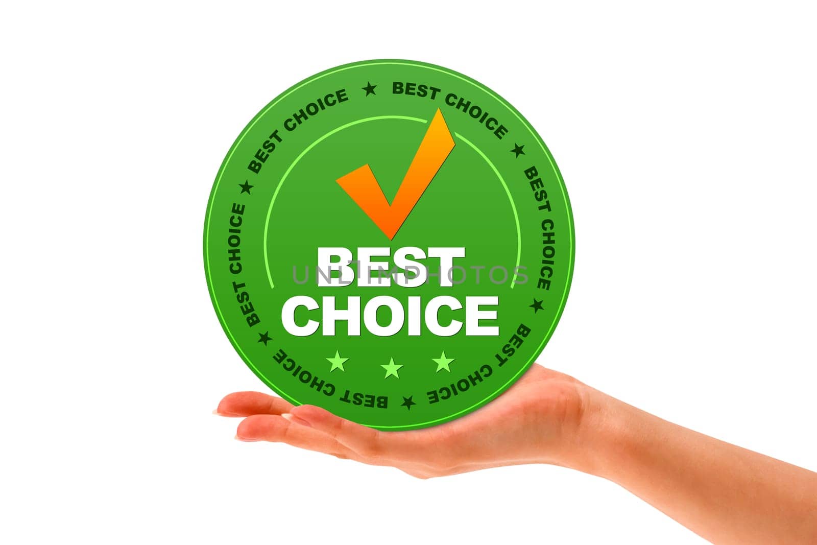Hand holding a Besct Choice Icon on white background.