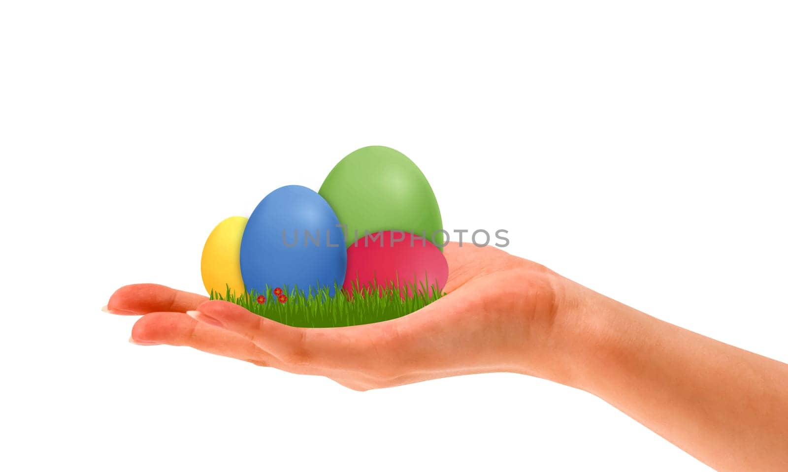 Hand holding coloful easter eggs on white background.